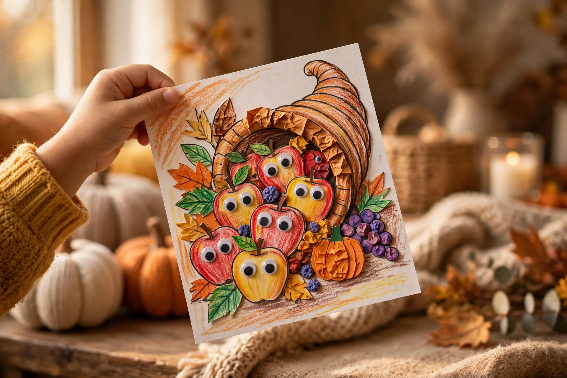 Finished Thanksgiving cornucopia coloring page with googly eyes stuck on the apples, held up by a child's hand