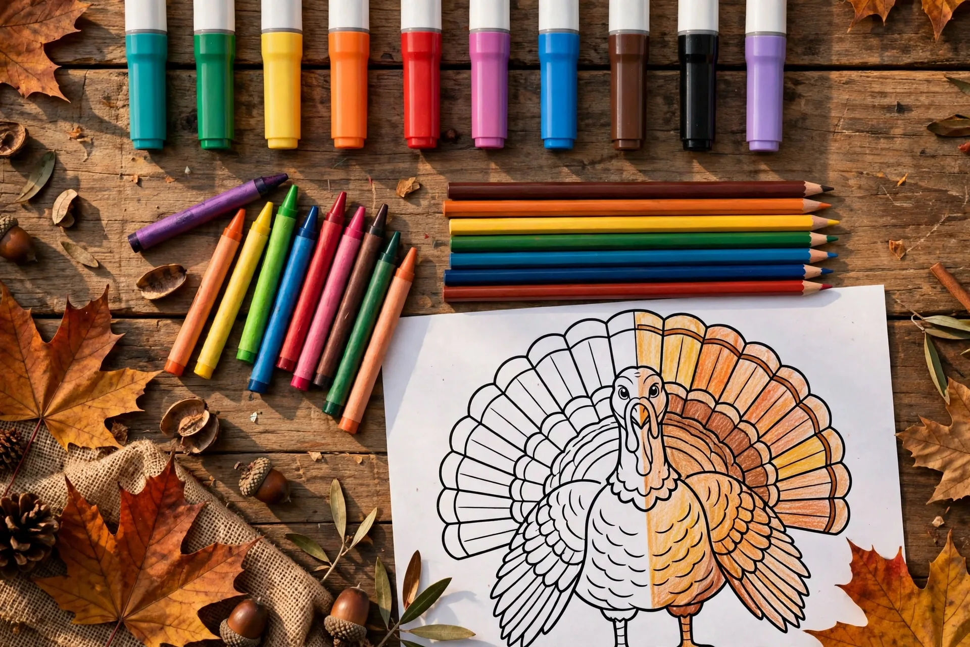 Flat-lay of Thanksgiving coloring tools: washable markers, crayons, colored pencils and a half-colored turkey page