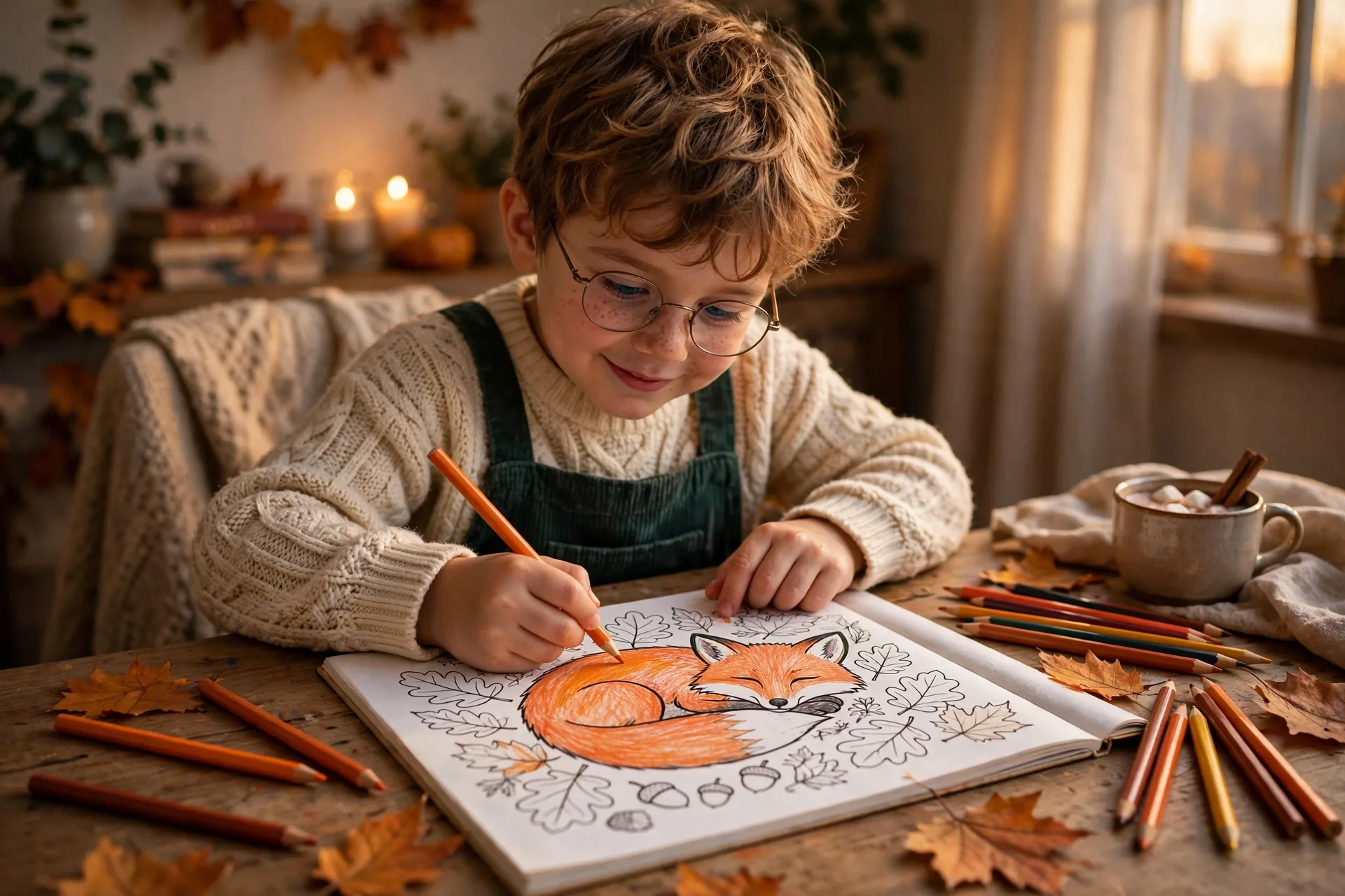 Child coloring a red fox curled in autumn leaves coloring page with orange and rust colored pencils nearby