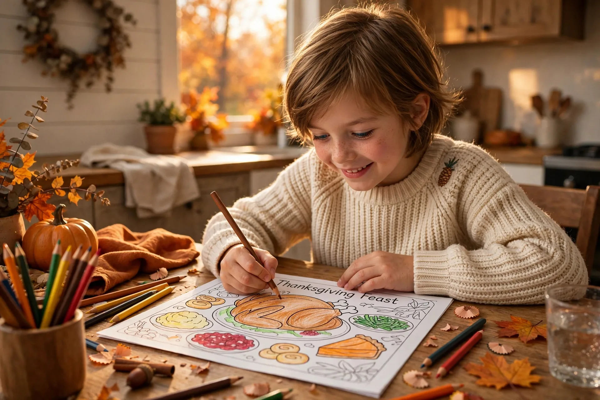 Child coloring a Thanksgiving feast table coloring page with roast turkey and dishes at a kitchen table
