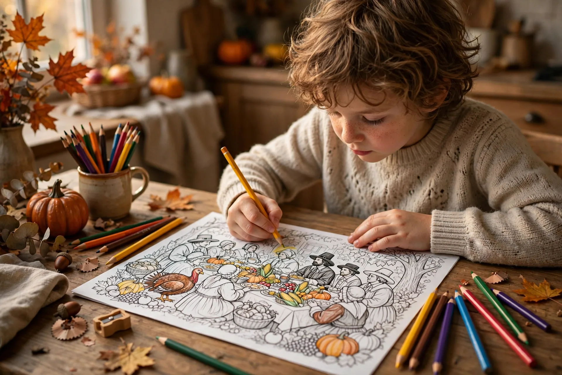 Child coloring a detailed First Thanksgiving feast scene coloring page with pilgrims at a long harvest table