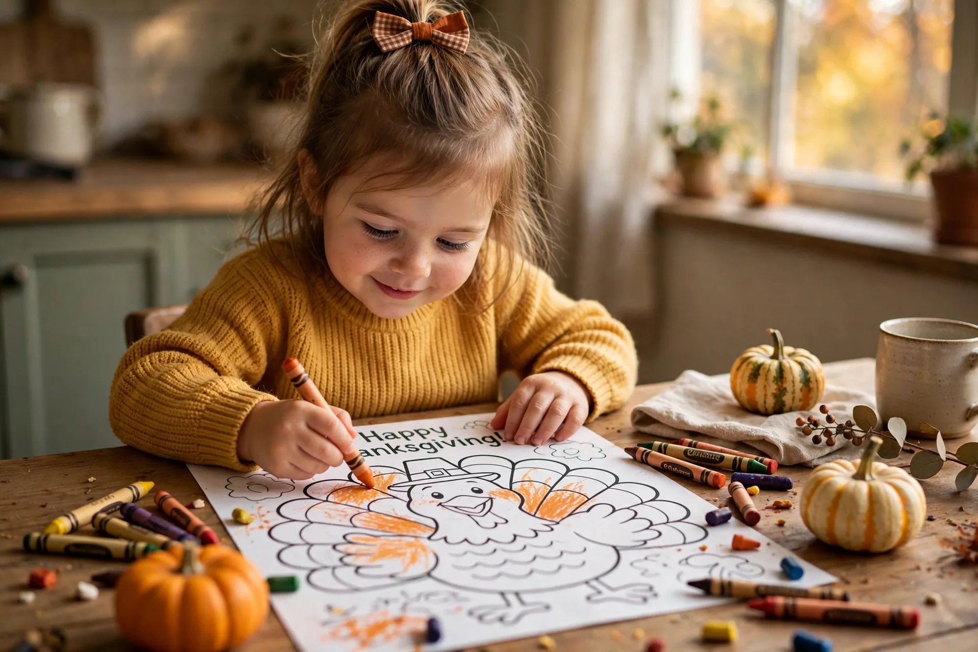 Four-year-old coloring a big smiling turkey Thanksgiving coloring page with a chunky orange crayon