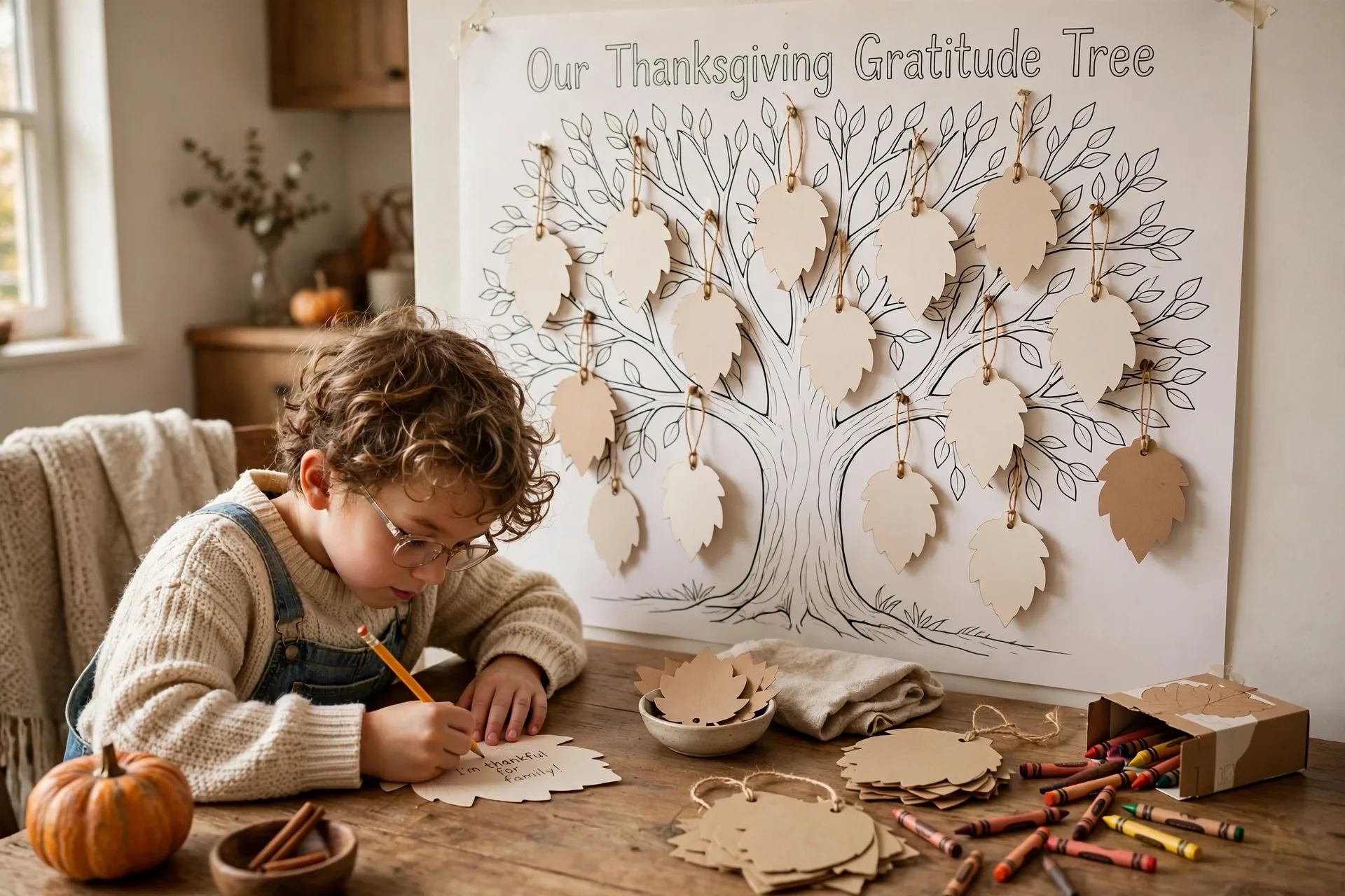 Thanksgiving gratitude tree coloring page with blank leaf cards, a child writing something thankful on a leaf
