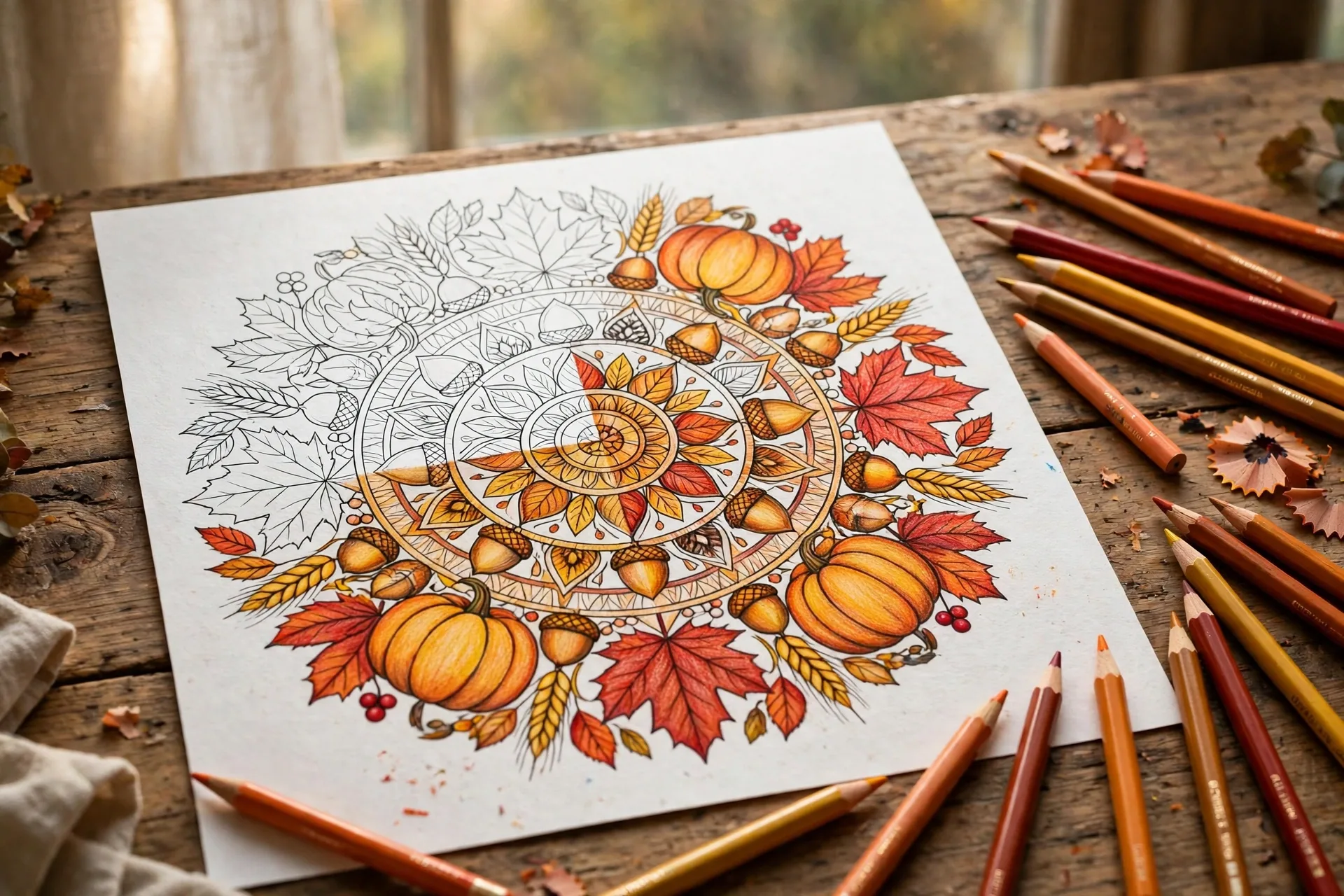 Autumn harvest mandala coloring page half-colored in orange, gold and deep red with colored pencils beside it
