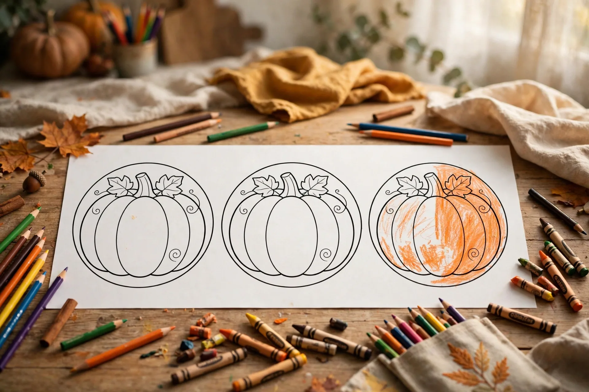 Three round pumpkin coloring pages in a row, one half-colored orange by a child, crayons nearby