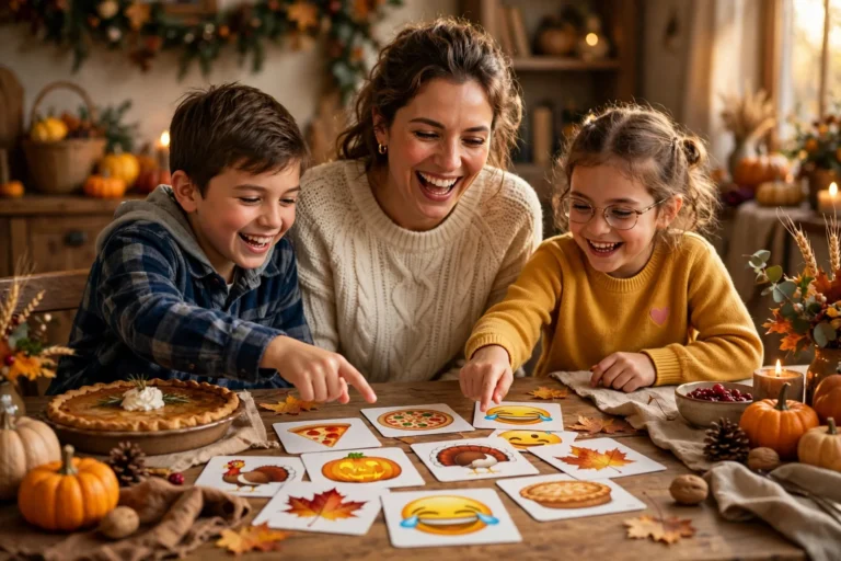 Mom and two kids playing the Thanksgiving emoji game at the dinner table with emoji game cards