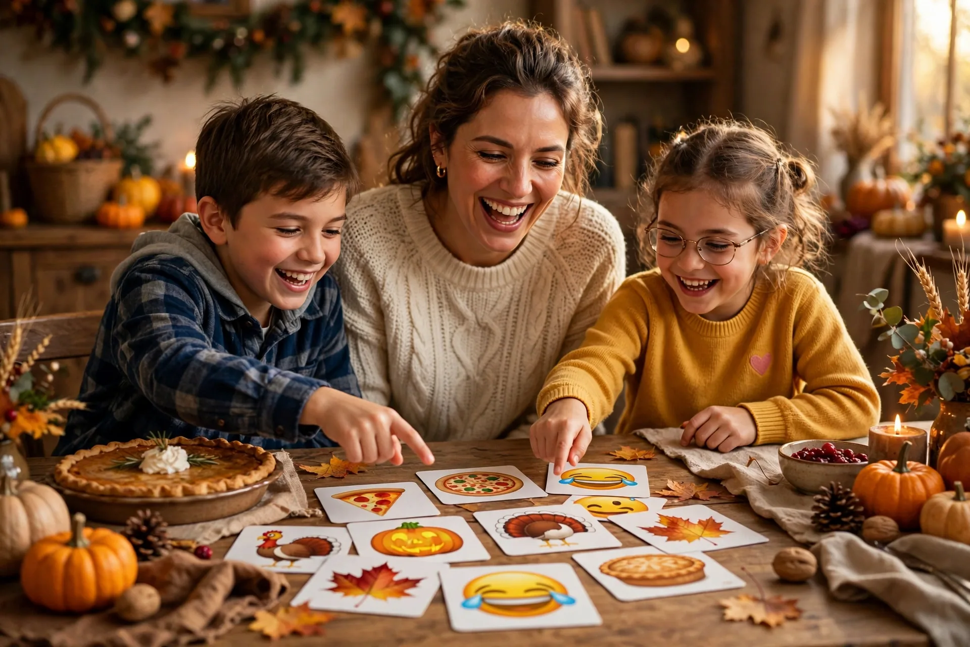 Mom and two kids playing the Thanksgiving emoji game at the dinner table with emoji game cards