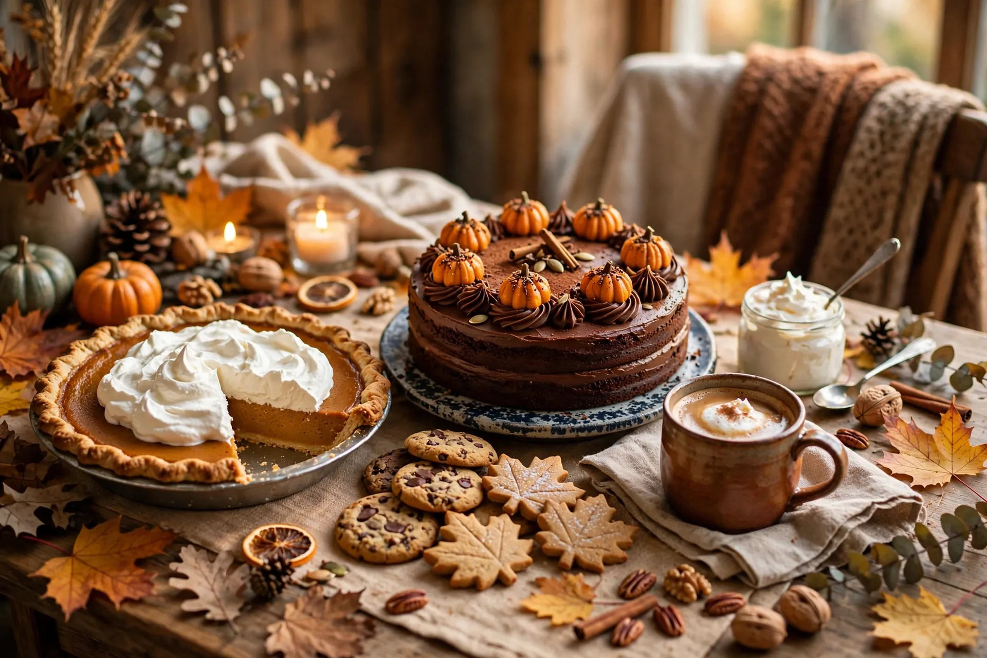 A Thanksgiving dessert table with pies, pumpkin cake, cookies and coffee, with whipped cream and fall leaves