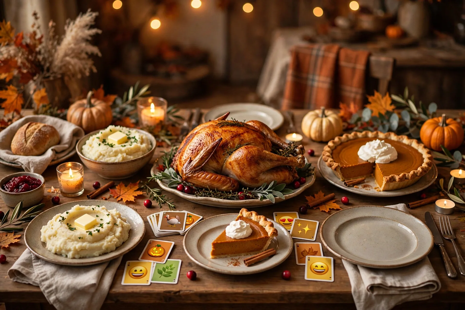 A Thanksgiving dinner table with roast turkey, pumpkin pie and mashed potatoes, with emoji game cards beside the plates