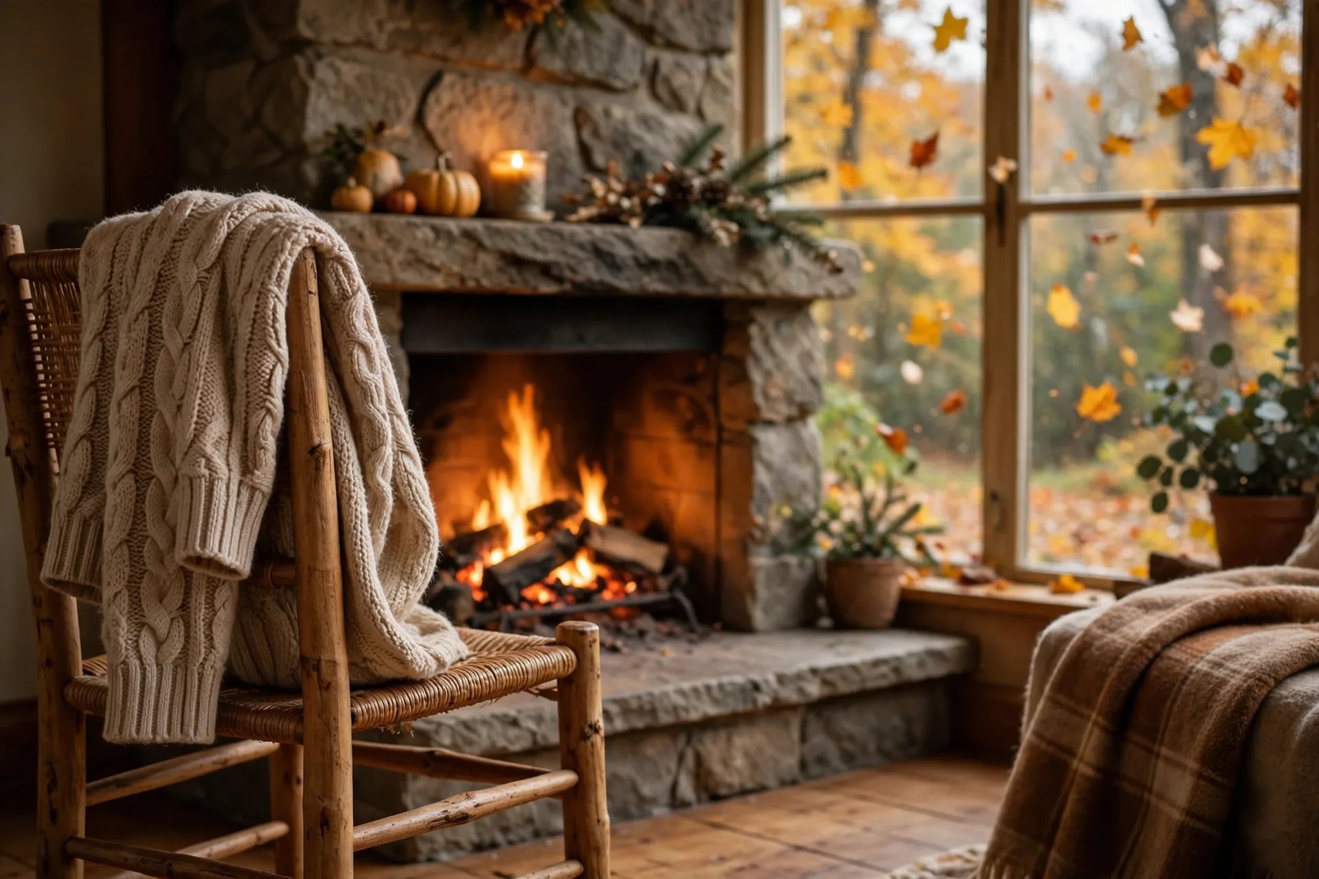 A cozy fall scene with a favorite knit sweater, falling leaves and a glowing fireplace