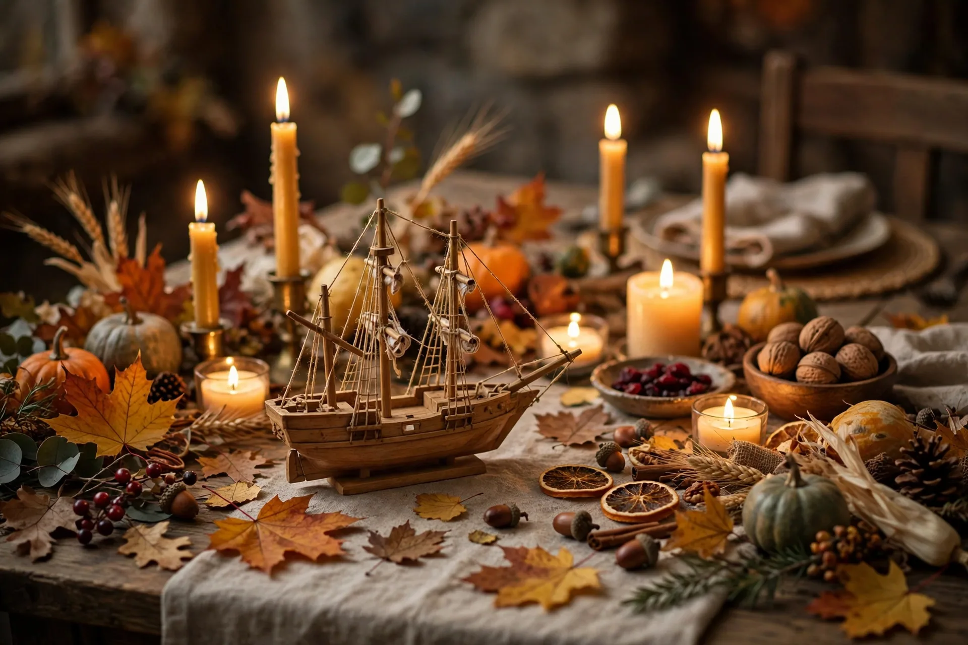 A small model ship and candles on a Thanksgiving table telling the story of the first Thanksgiving feast