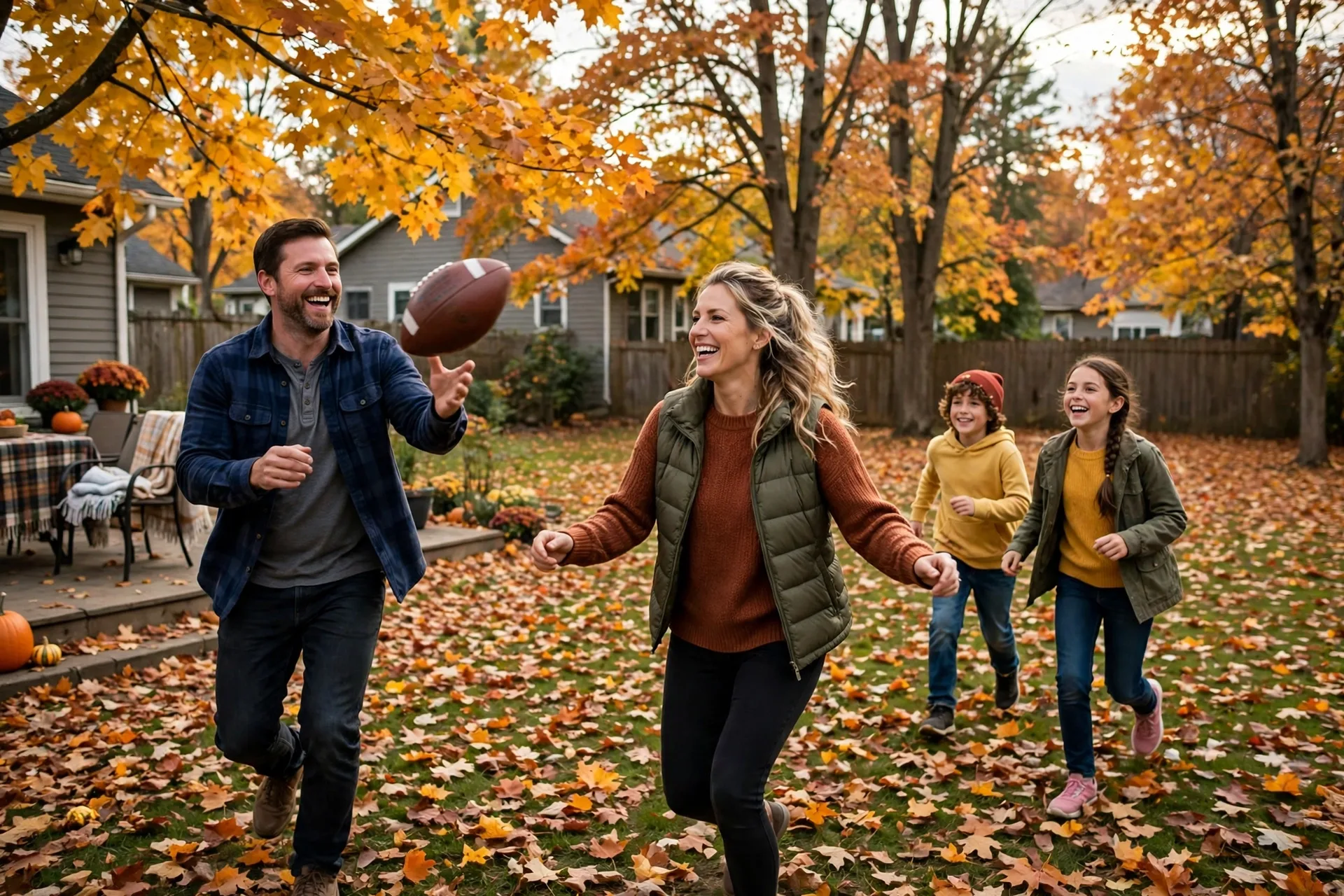 A family playing backyard football in the yard on Thanksgiving afternoon with fallen leaves everywhere