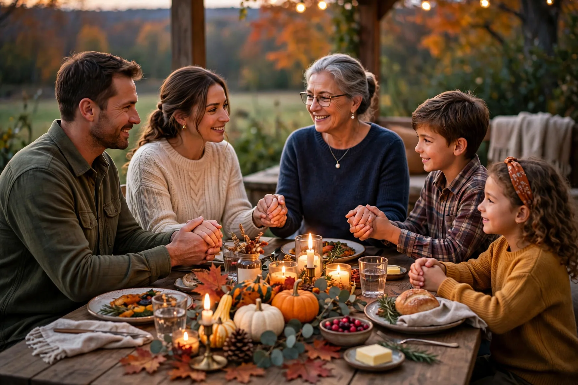 A family holding hands around a Thanksgiving table sharing what they are thankful for, with warm candlelight