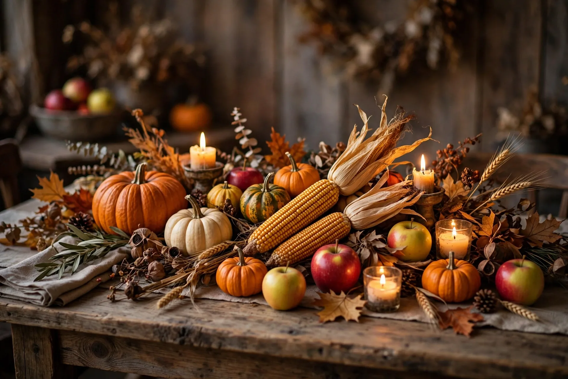 A fall harvest centerpiece with corn, pumpkins, apples and candles on a rustic Thanksgiving table