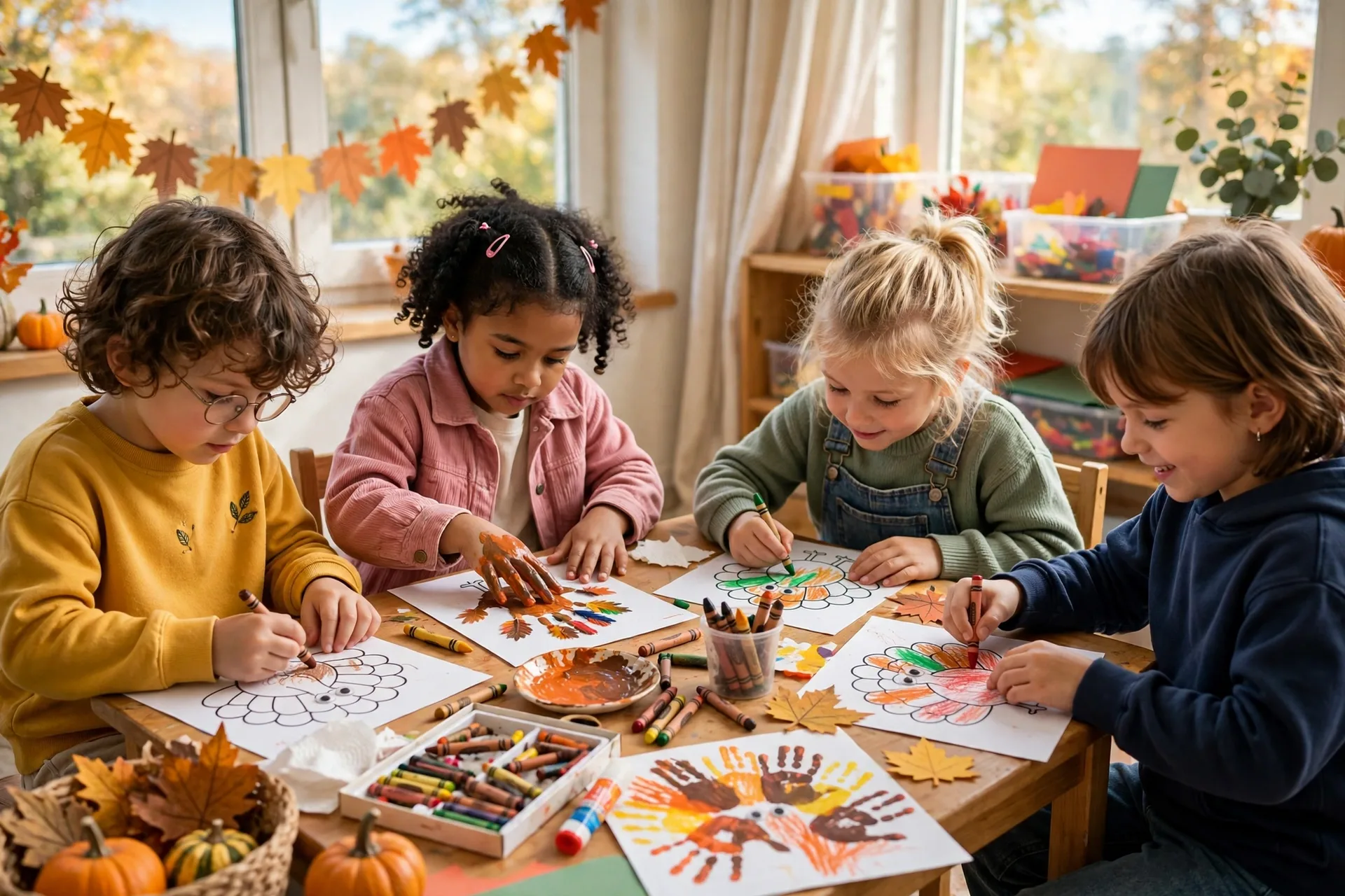 Little kids coloring turkey pictures and doing handprint fall art at a small kids table