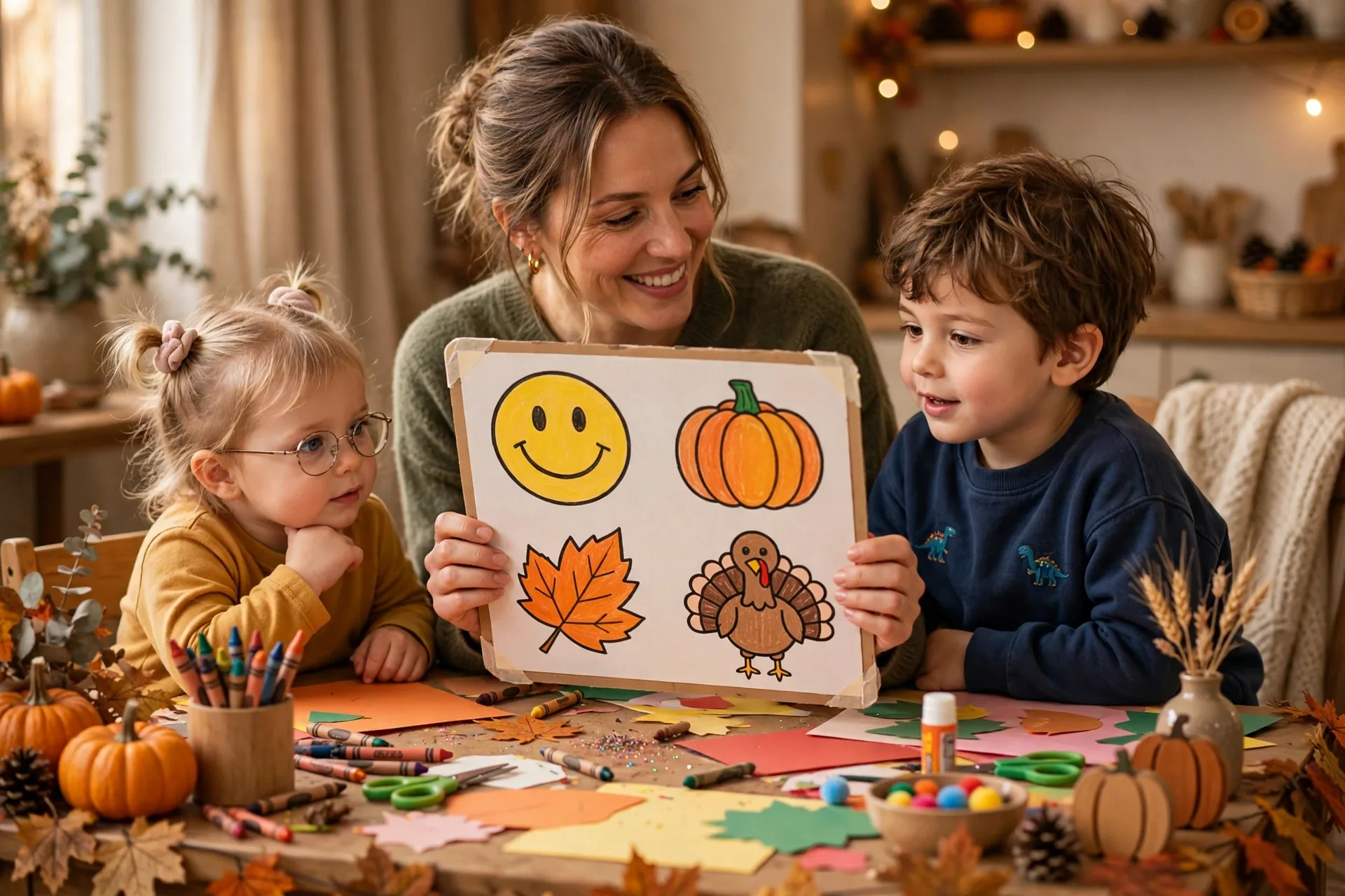 Mom showing a large homemade emoji game card to a toddler and a preschooler at a craft table