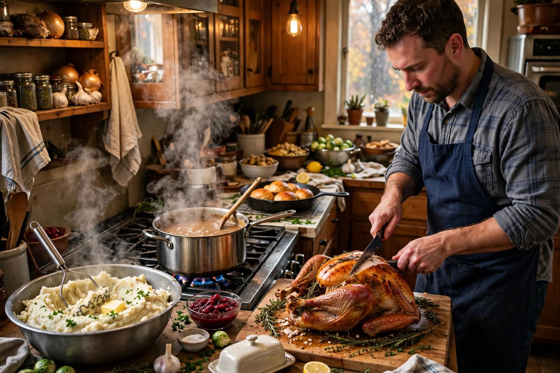 A busy Thanksgiving kitchen with a cook carving a turkey, stirring gravy and mashing potatoes