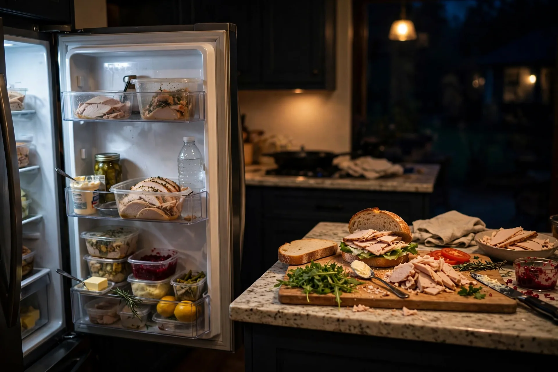 A fridge door open at night with leftover turkey containers and a half-made turkey sandwich on the counter