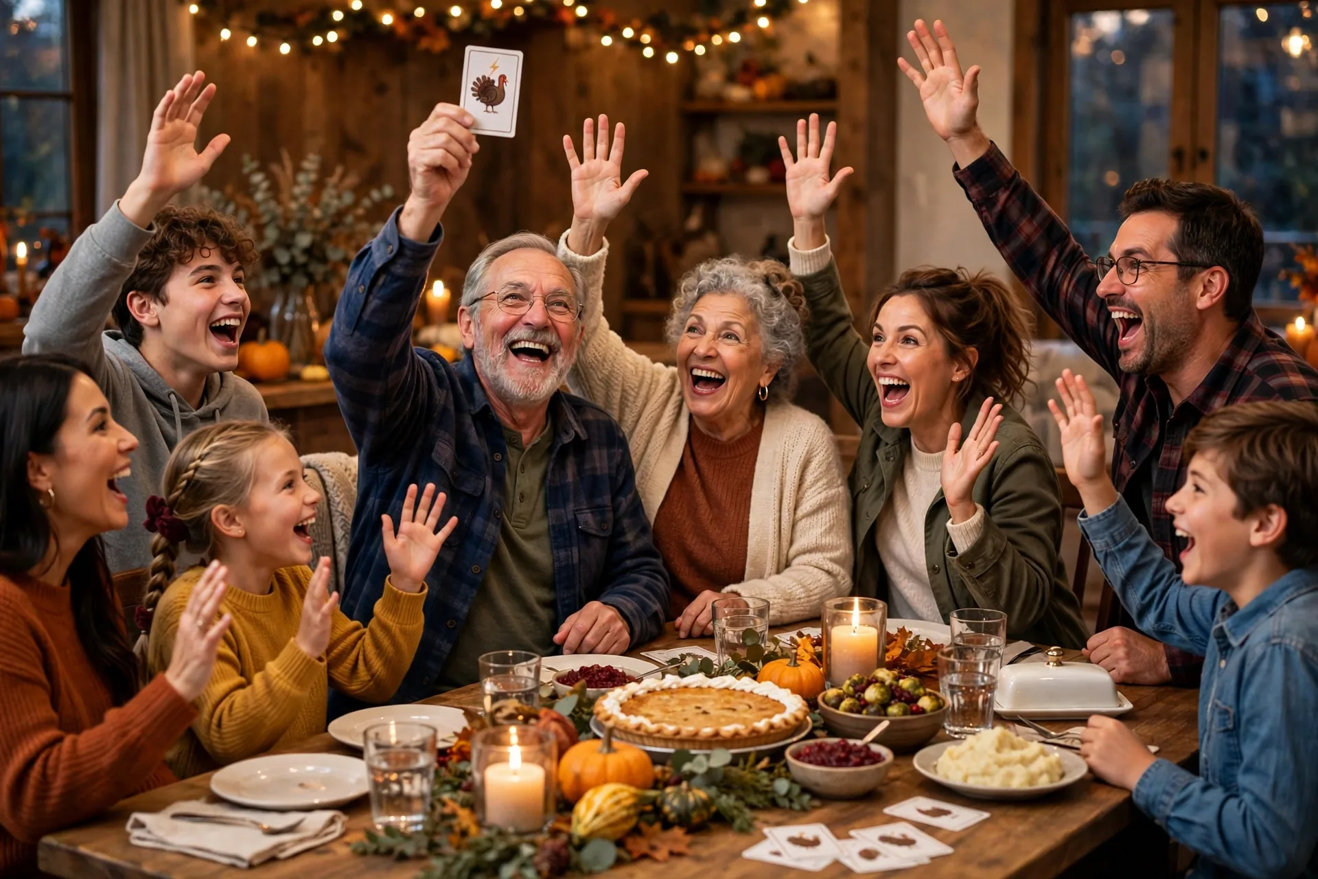 Family laughing and shouting answers during the wildcard lightning round at the Thanksgiving table