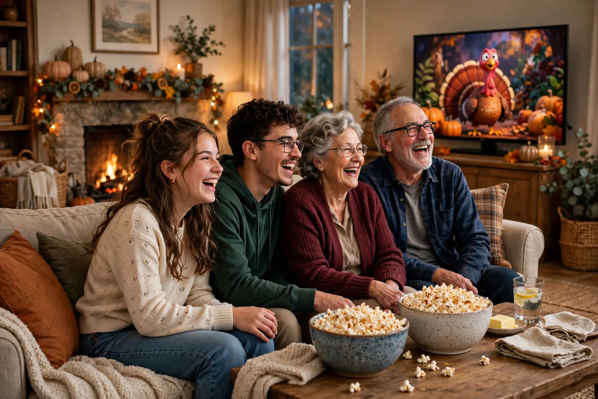 Teenagers and grandparents laughing together while watching a Thanksgiving movie on the couch with popcorn