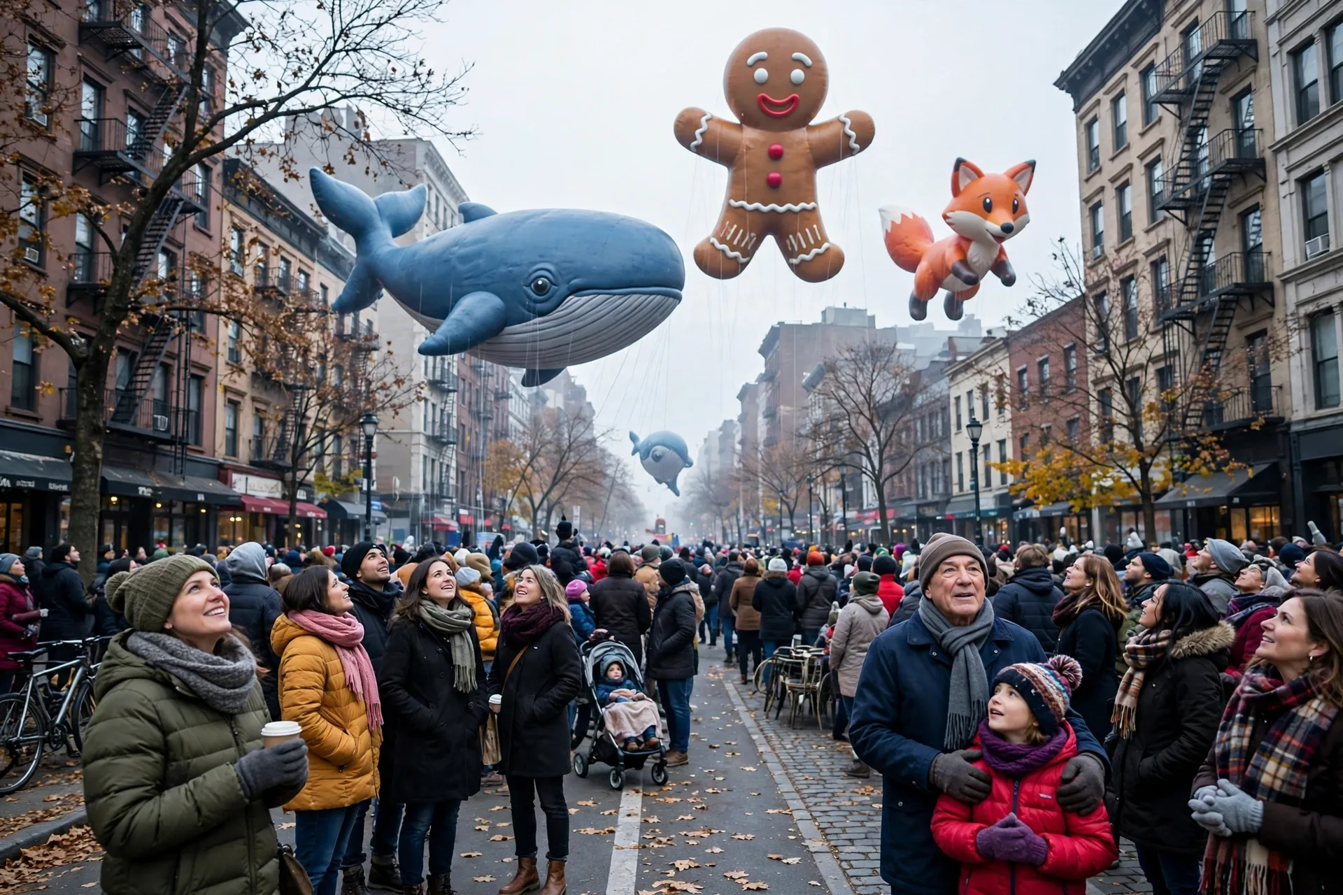 A crowd bundled in scarves and gloves watching giant parade balloons float down a city street