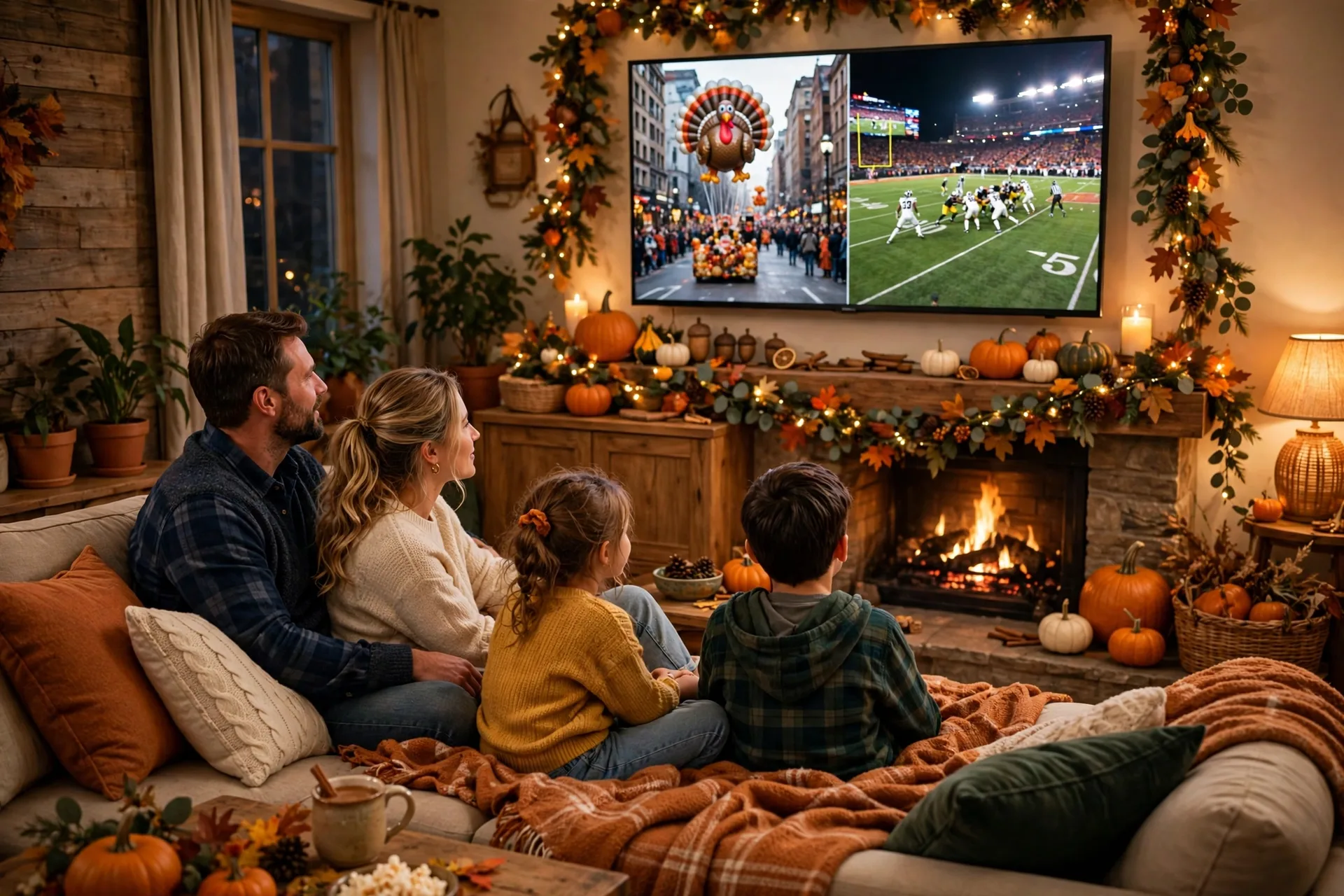 A family watching the Thanksgiving parade and football on TV in a living room decorated with fall garland