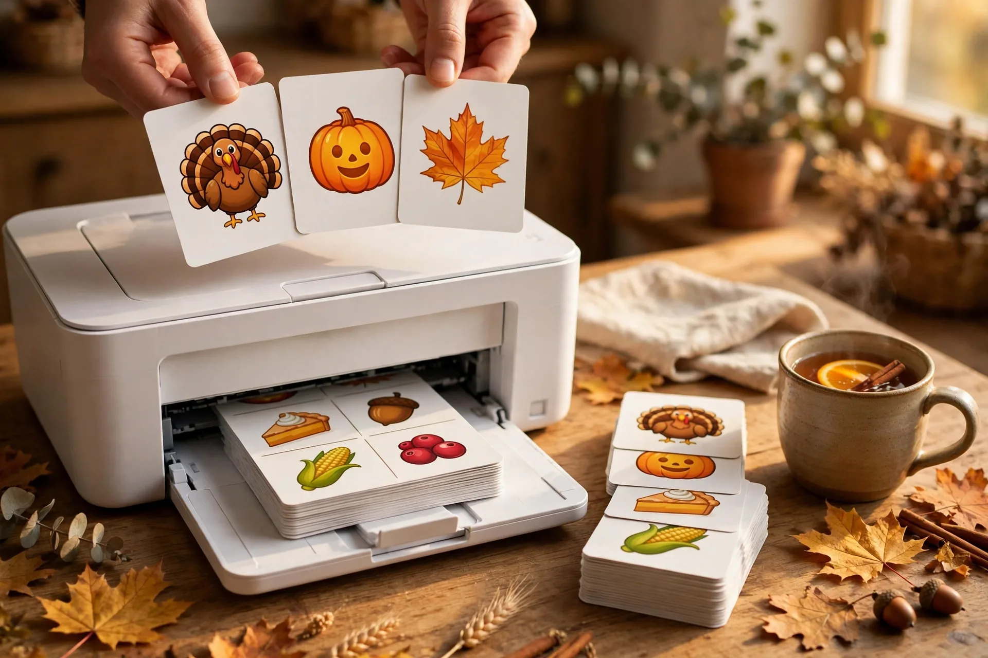 Hands holding freshly printed Thanksgiving emoji game cards over a home printer