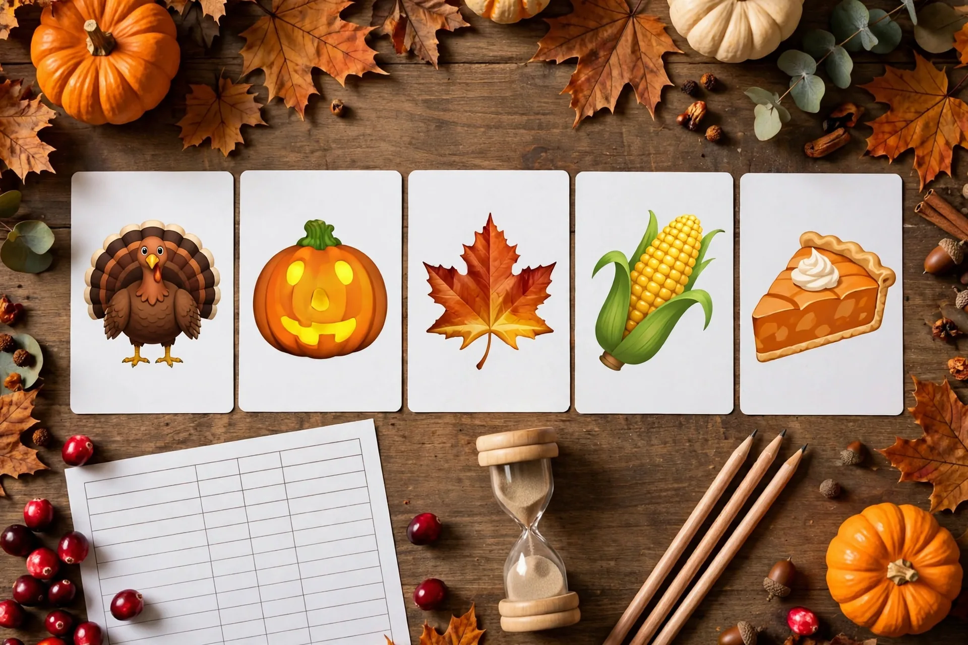 Thanksgiving emoji game setup with puzzle cards, a sand timer, pencils and a score sheet on the kitchen table
