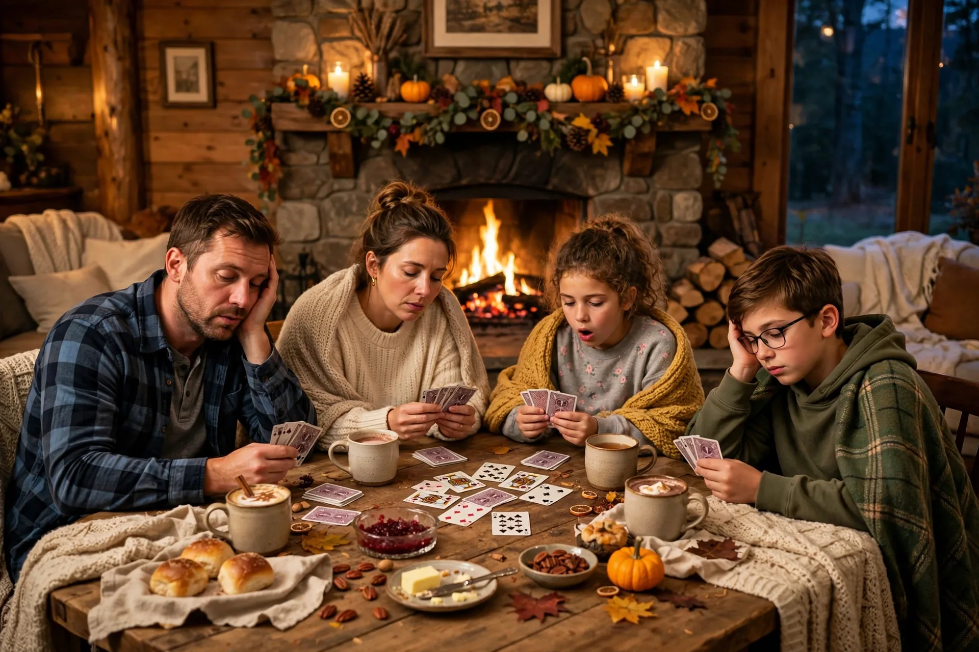 A sleepy family playing cards by the fireplace after Thanksgiving dinner, with mugs and a blanket