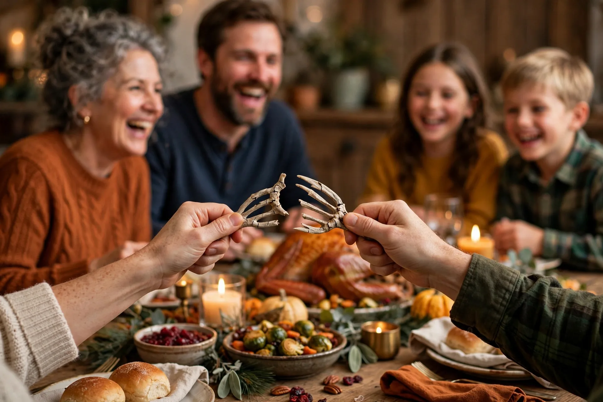 Two hands breaking a turkey wishbone over a Thanksgiving table while the family watches