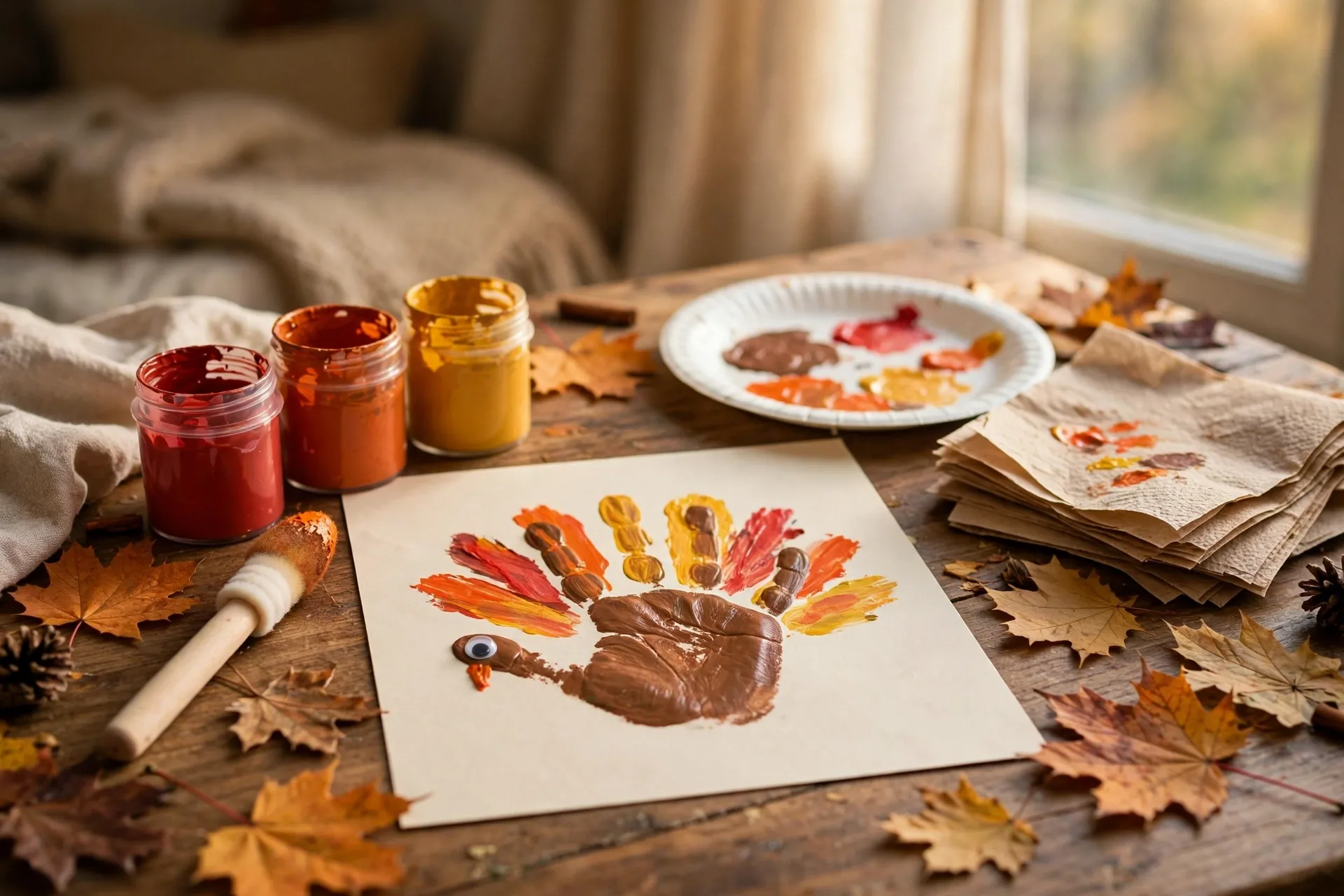 Child's painted handprint turkey keepsake with washable paint jars, foam brush, and paper plate palette on a craft table