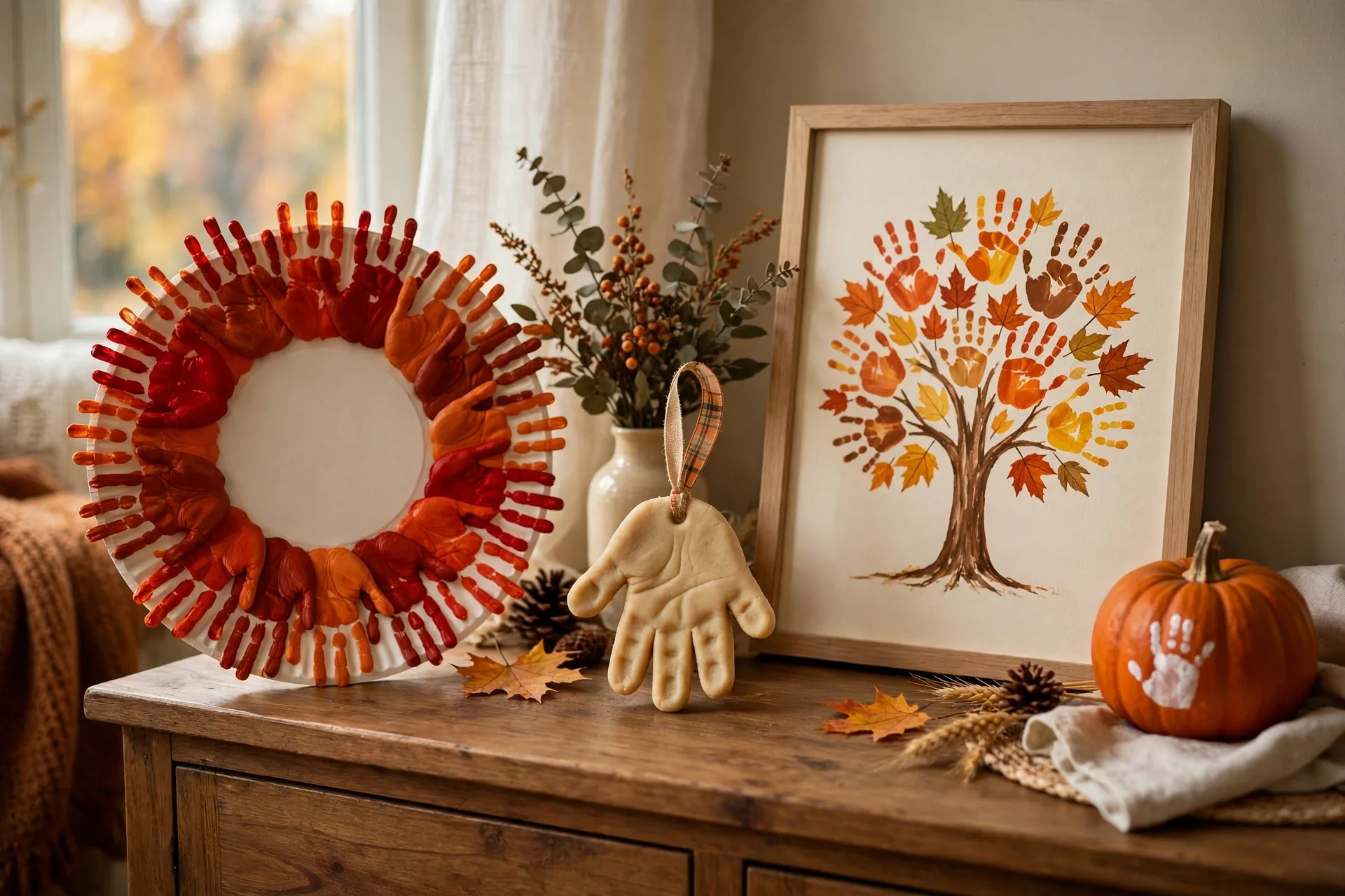 Handprint fall crafts on a sideboard: a handprint wreath, a salt-dough handprint ornament with ribbon, a handprint fall tree, and a handprint pumpkin