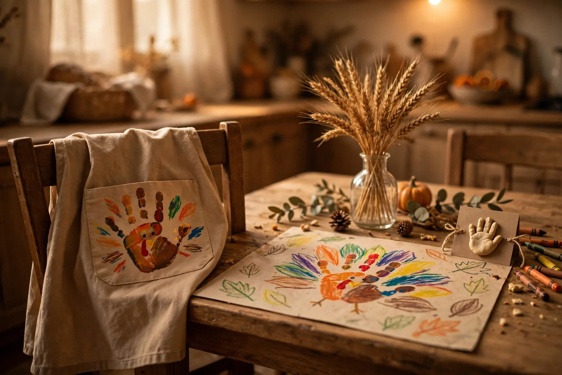 Thanksgiving kids' table with handprint turkey placemats, a handprint apron, and salt-dough handprint place cards