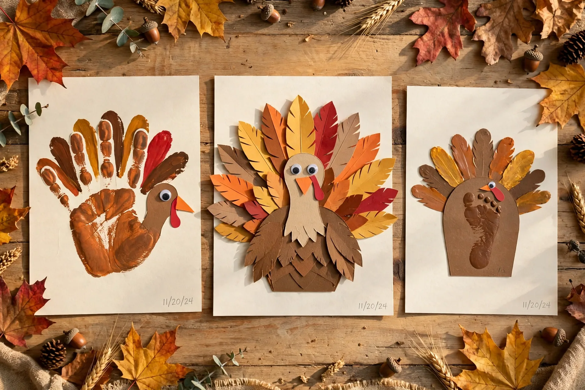 Three finished Thanksgiving handprint turkey keepsakes: a classic painted turkey, a trace-cut paper turkey, and a footprint turkey, each signed and dated