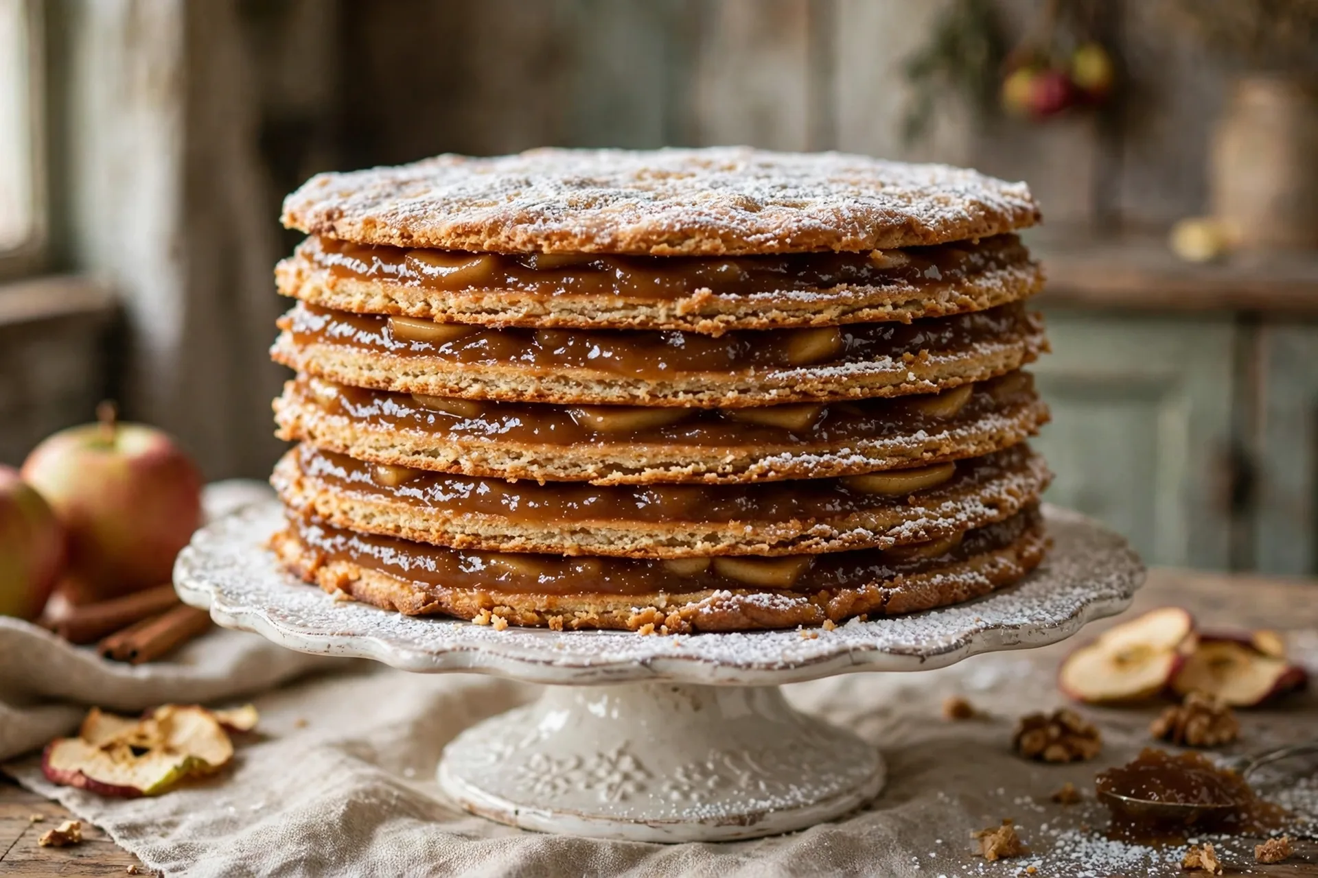 Old fashioned apple butter stack cake with six thin layers and powdered sugar
