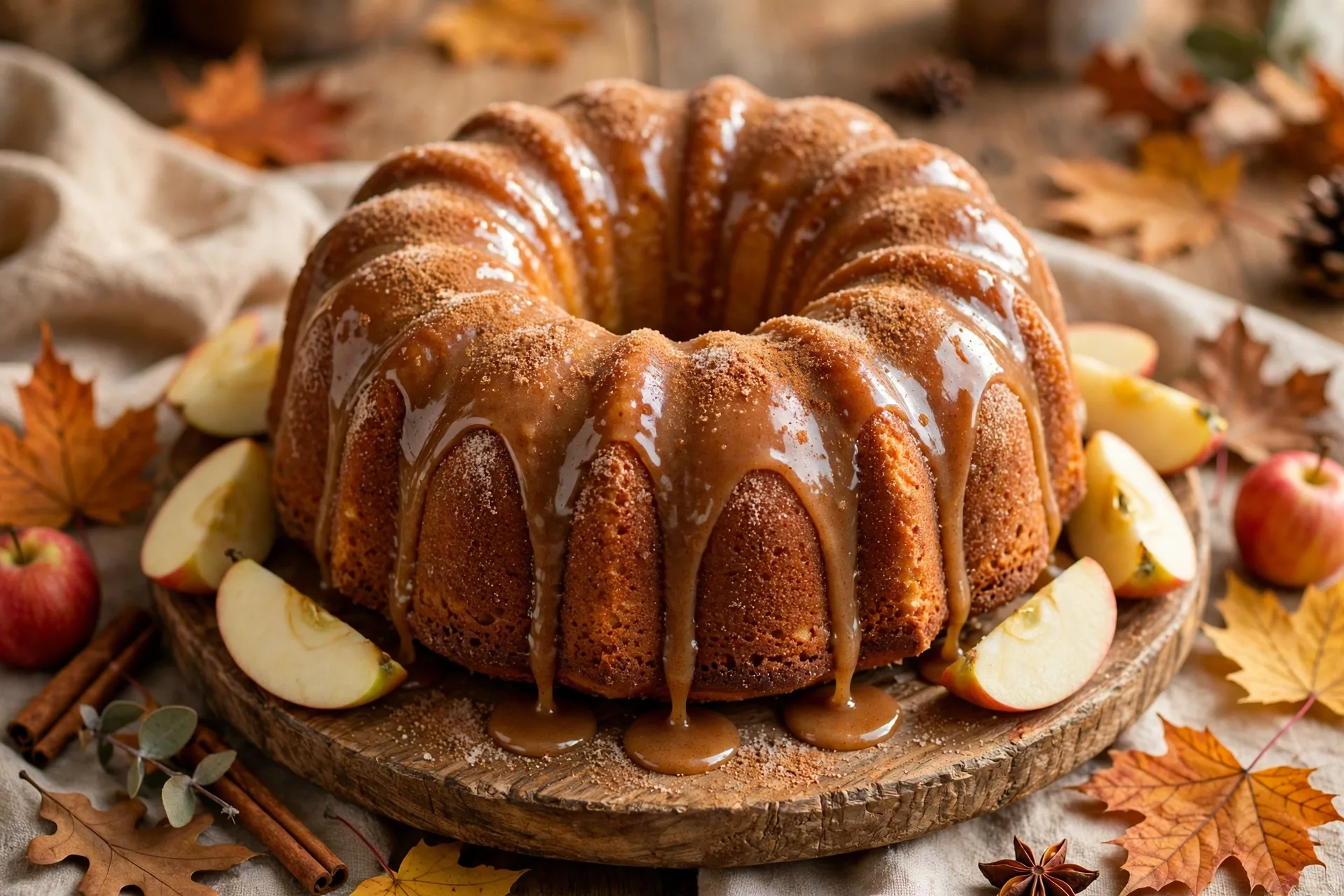 Apple cider bundt cake with a glossy cinnamon glaze dripping down the ridges