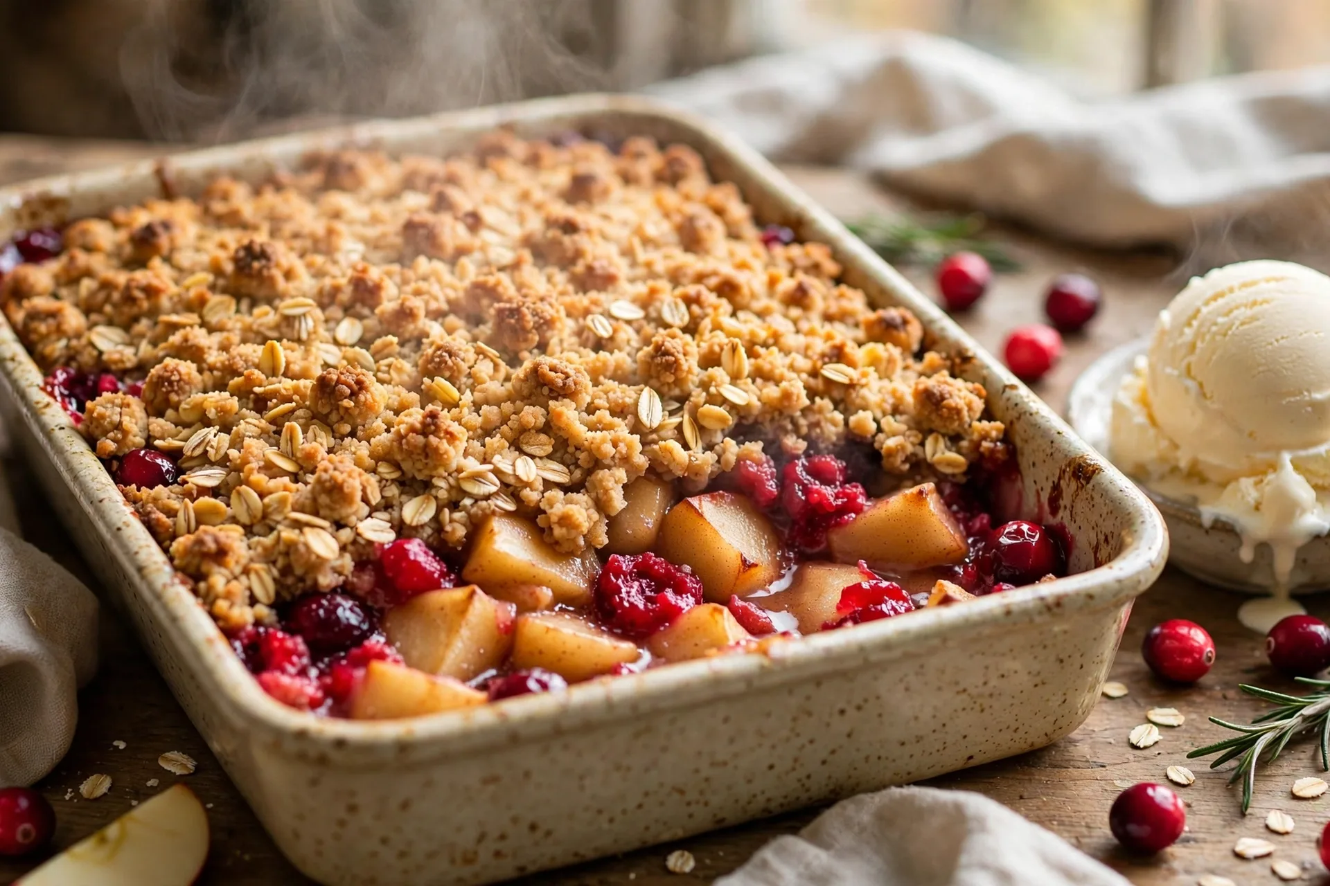 Harvest berry crumble cake with cranberries and apples under golden oat crumble
