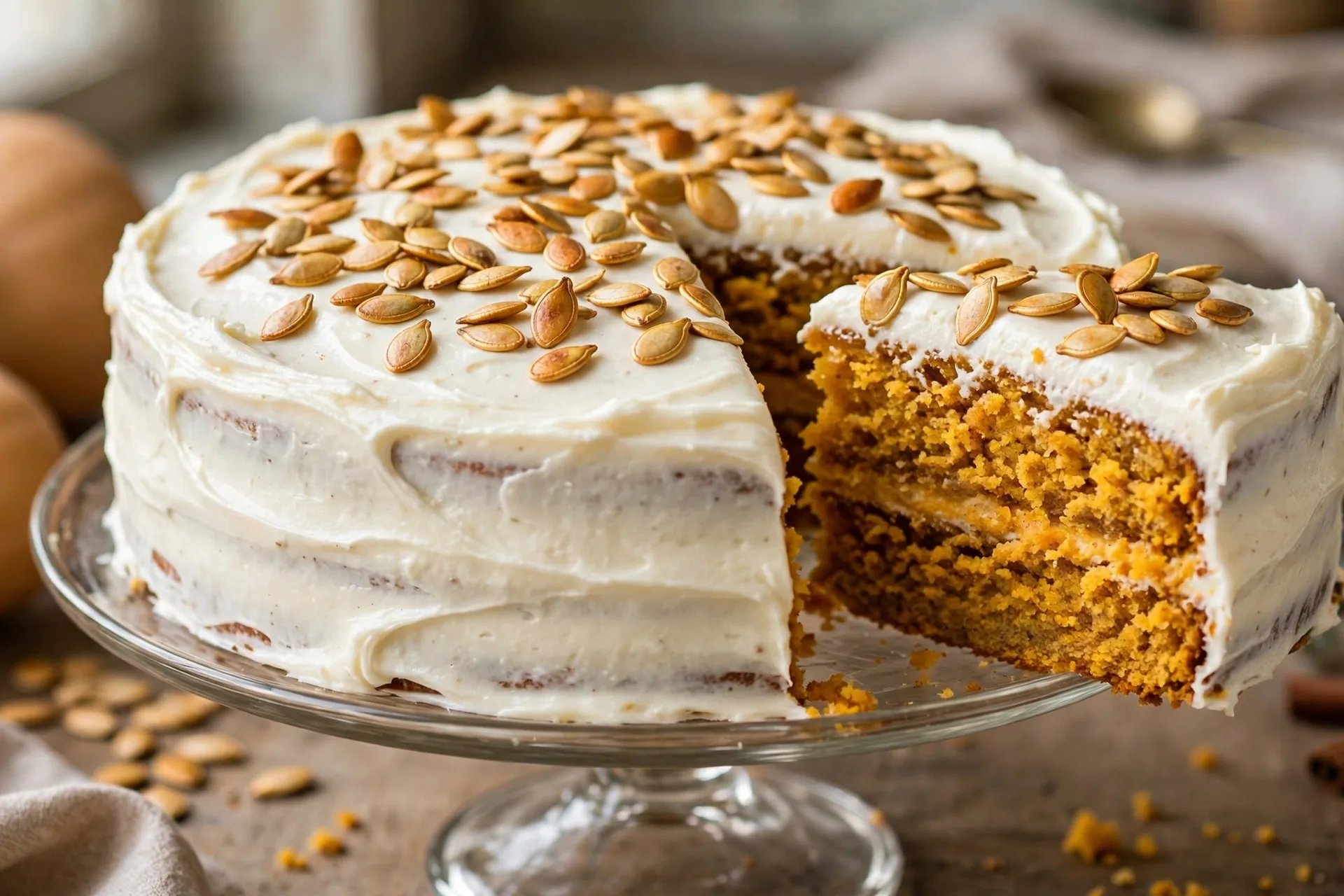 Butternut squash spice cake with cream cheese frosting and toasted squash seeds