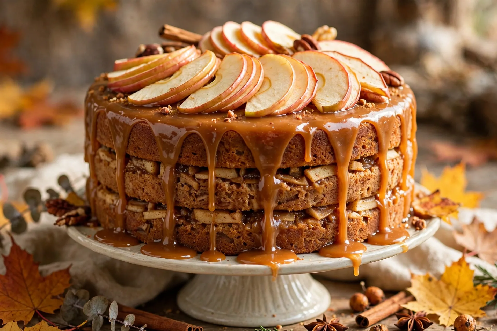 Caramel apple drip cake with warm caramel dripping down spiced apple cake layers