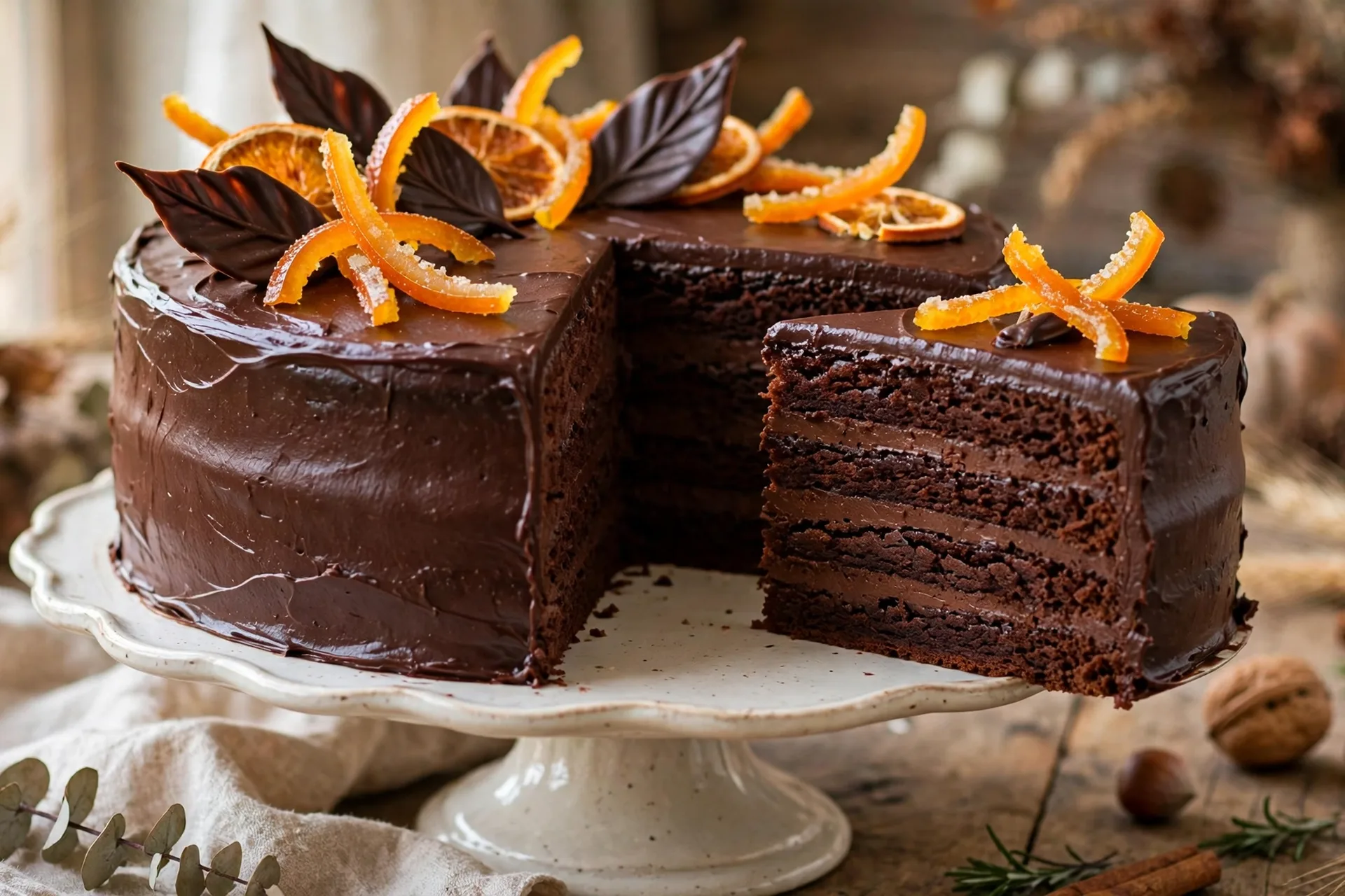 Chocolate harvest layer cake with candied orange peel and chocolate leaves