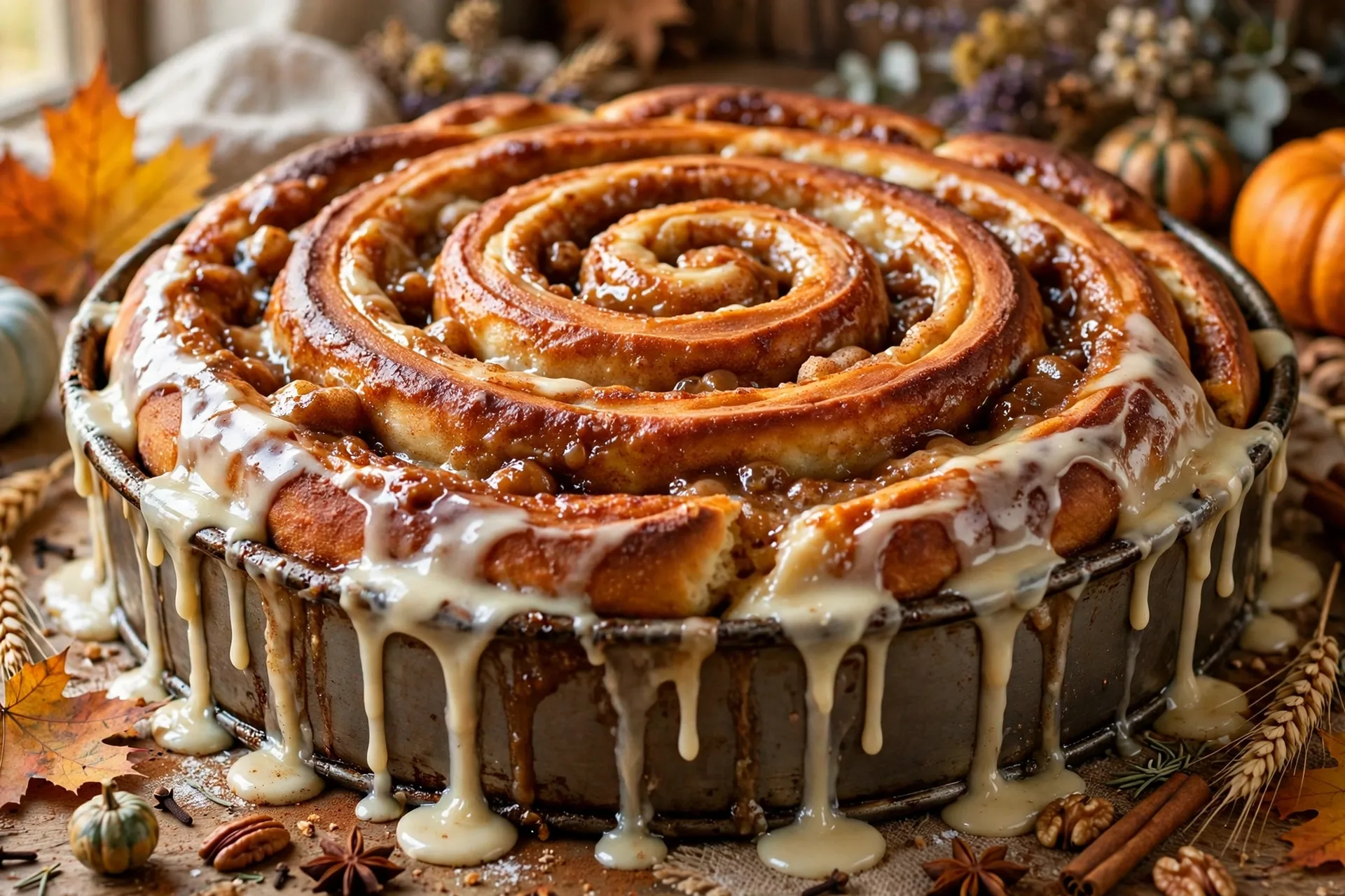 Cinnamon roll harvest cake with cream cheese glaze dripping down the sides