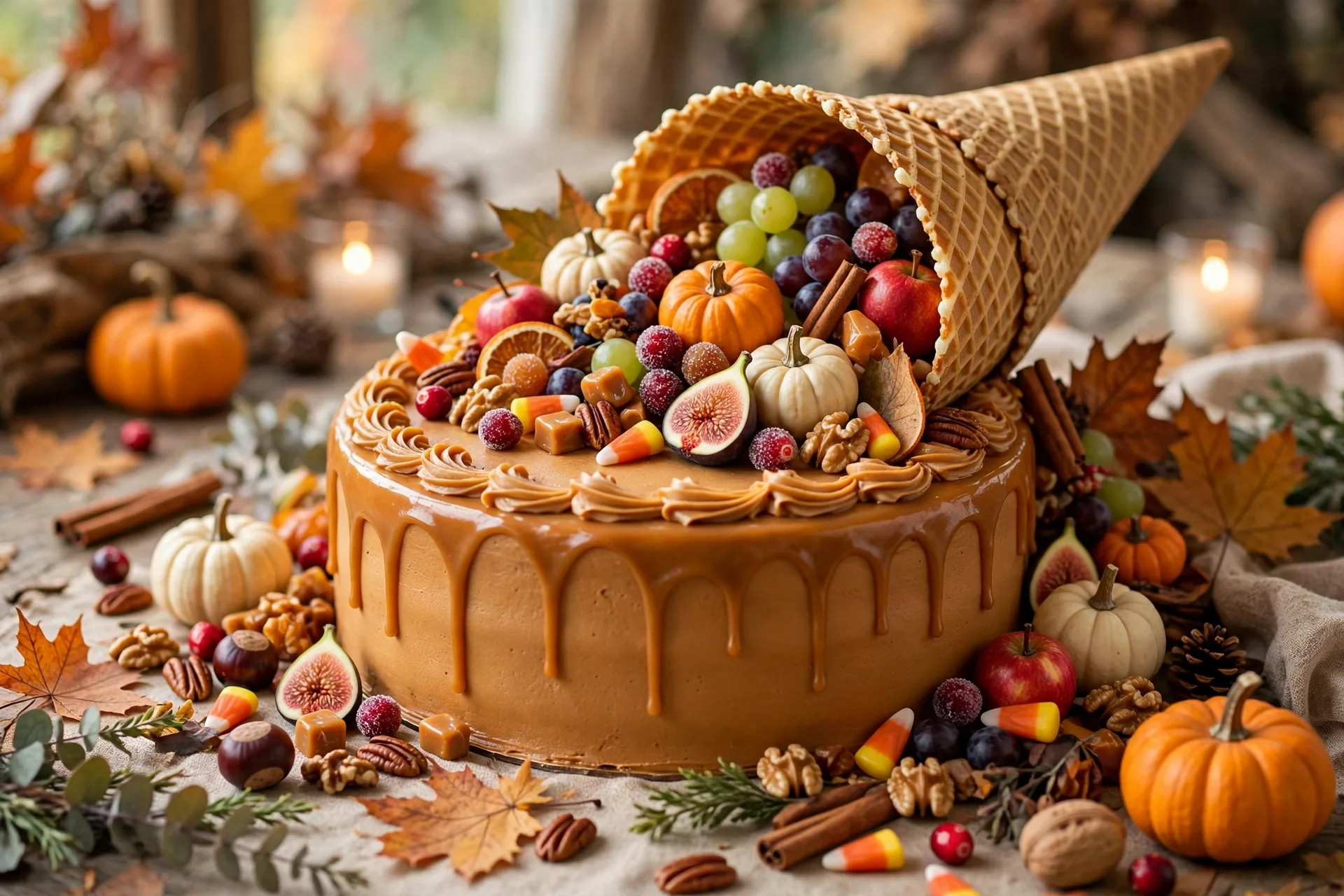 Thanksgiving cornucopia cake with a waffle cone horn spilling candy harvest fruits over caramel frosting