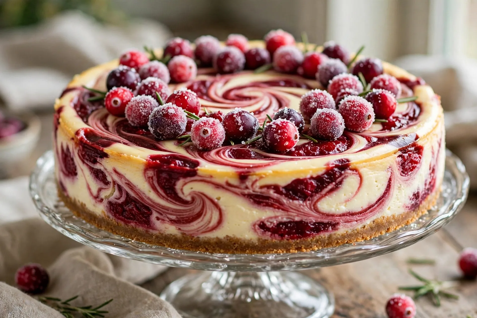 Cranberry swirl cheesecake with a deep red swirl and sugared cranberries on top