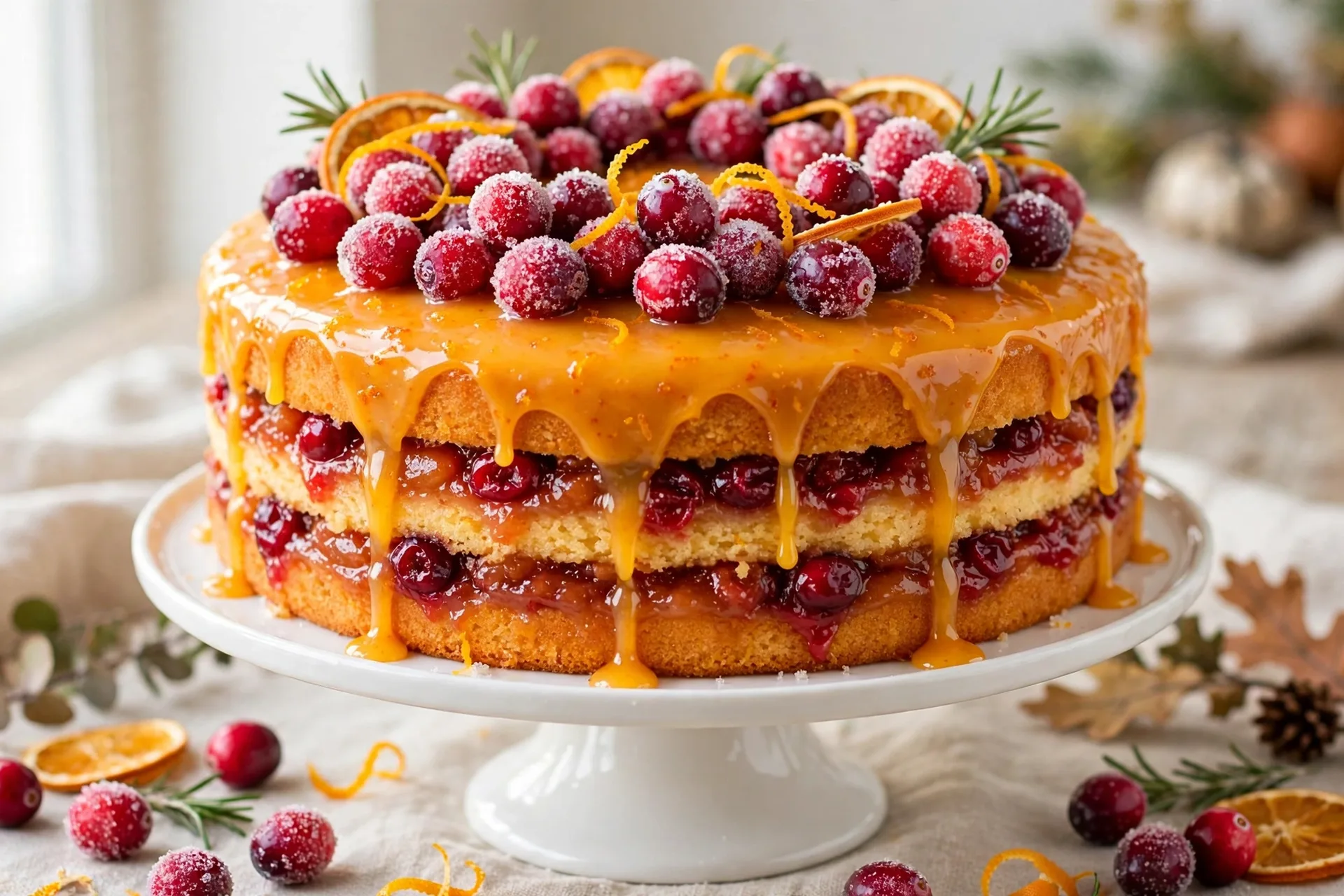 Cranberry orange harvest layer cake with orange zest glaze and sugared cranberries on top
