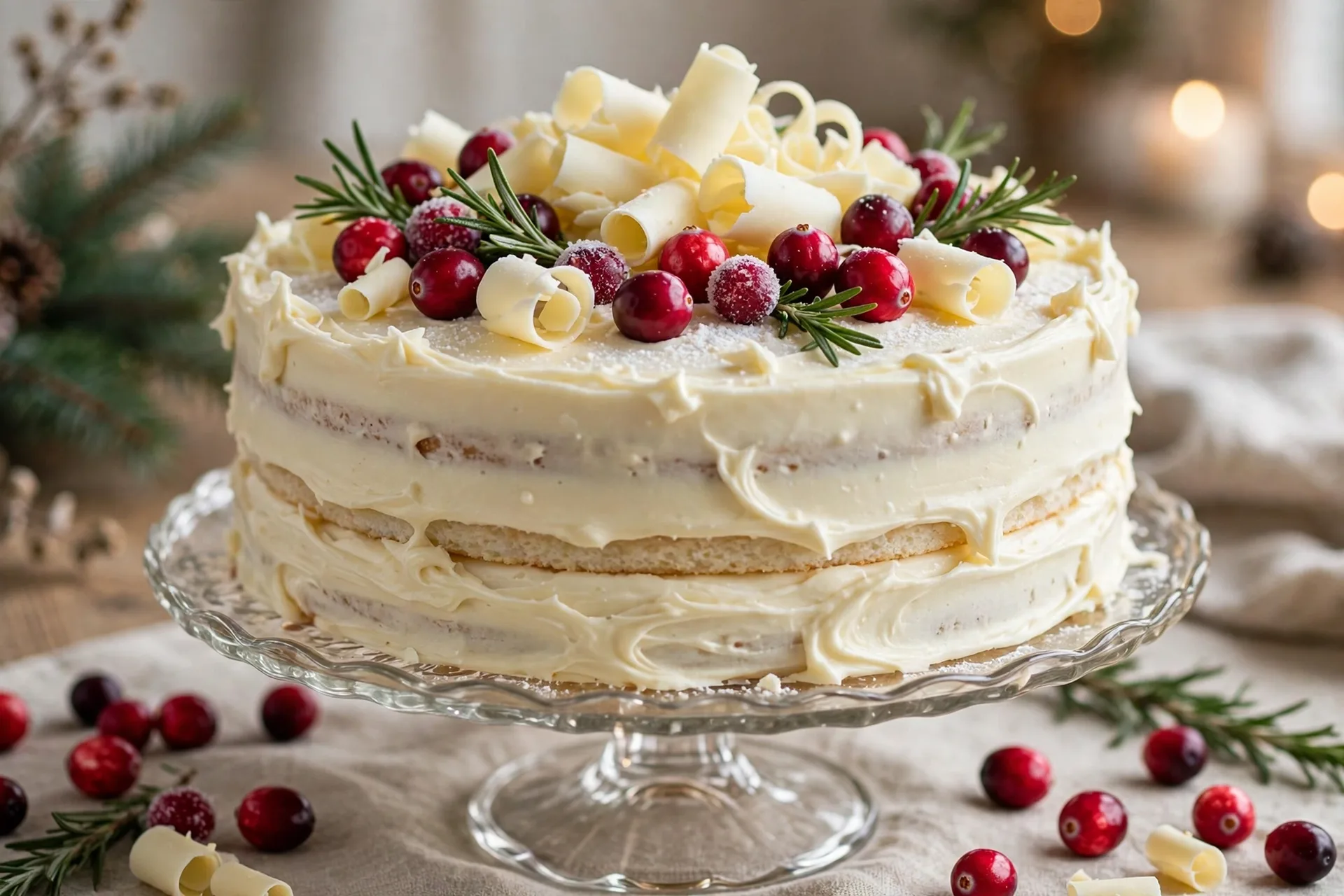 Cranberry white chocolate layer cake with white chocolate curls on top