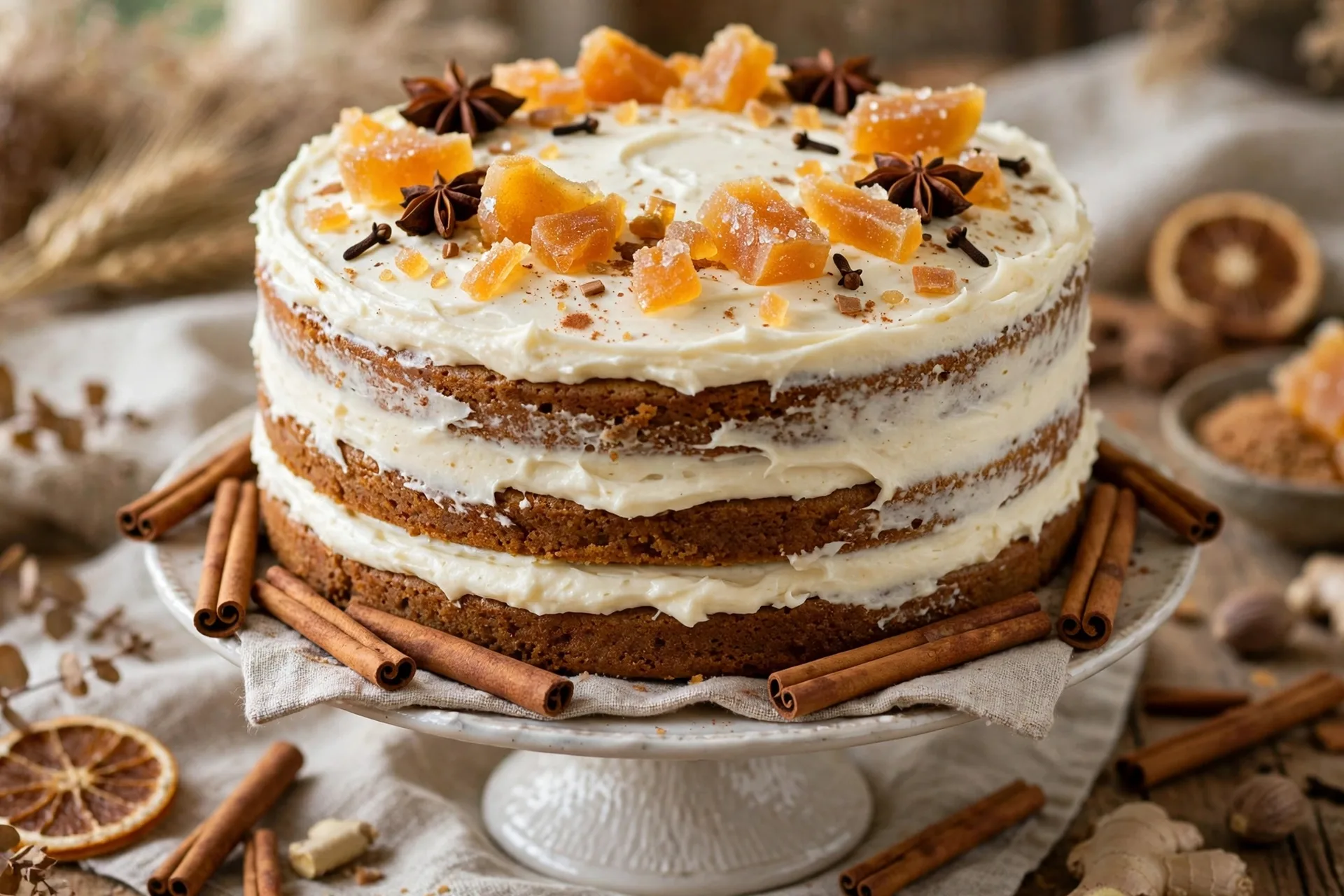 Gingerbread harvest layer cake with cream cheese frosting and crystallized ginger