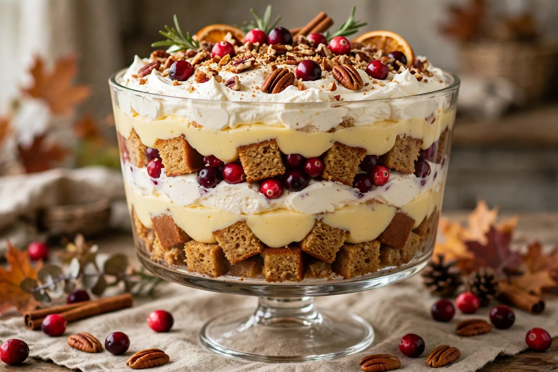 Thanksgiving harvest trifle in a glass bowl with spice cake, custard and cranberries