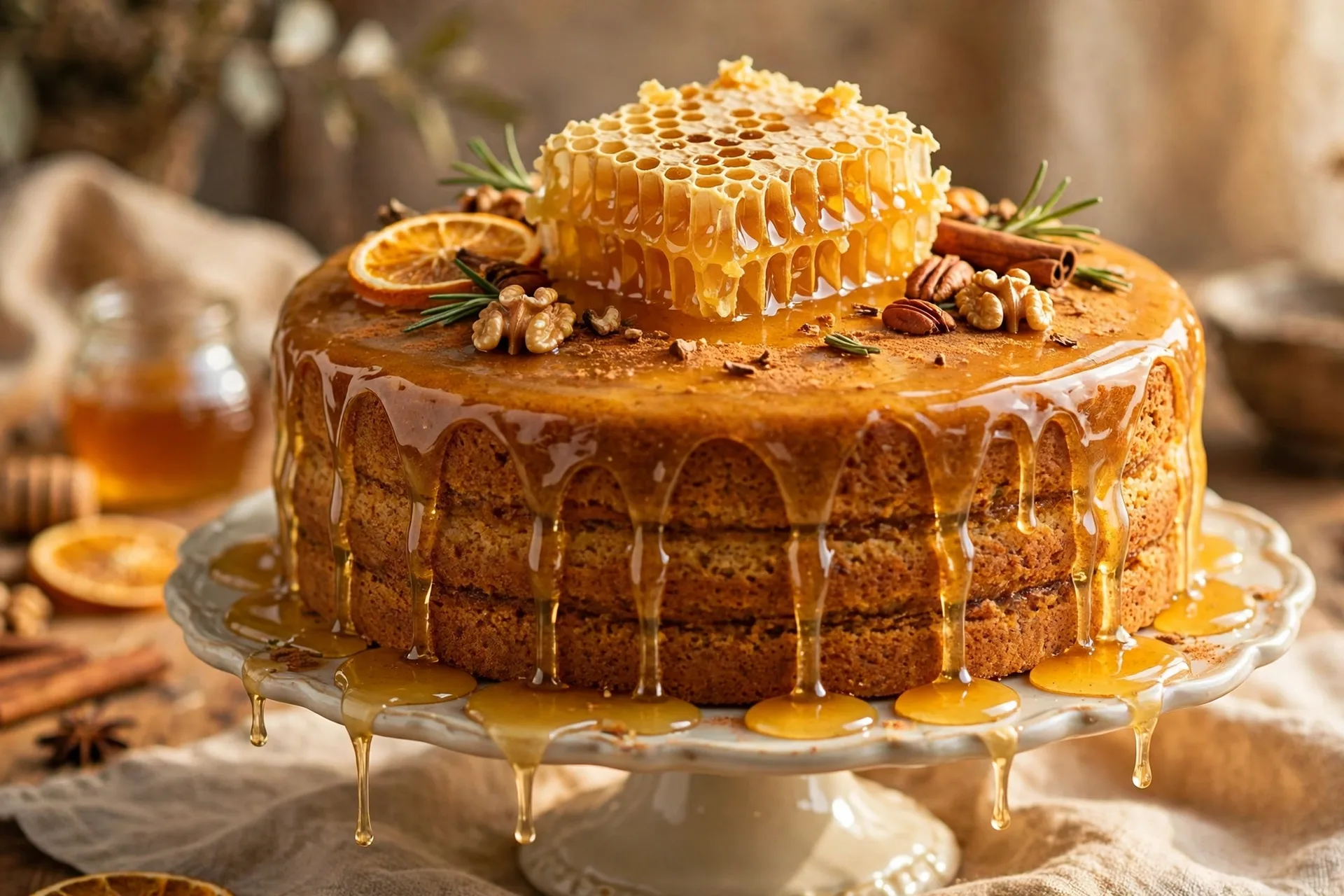 Honey harvest spice cake with honey glaze and a honeycomb decoration