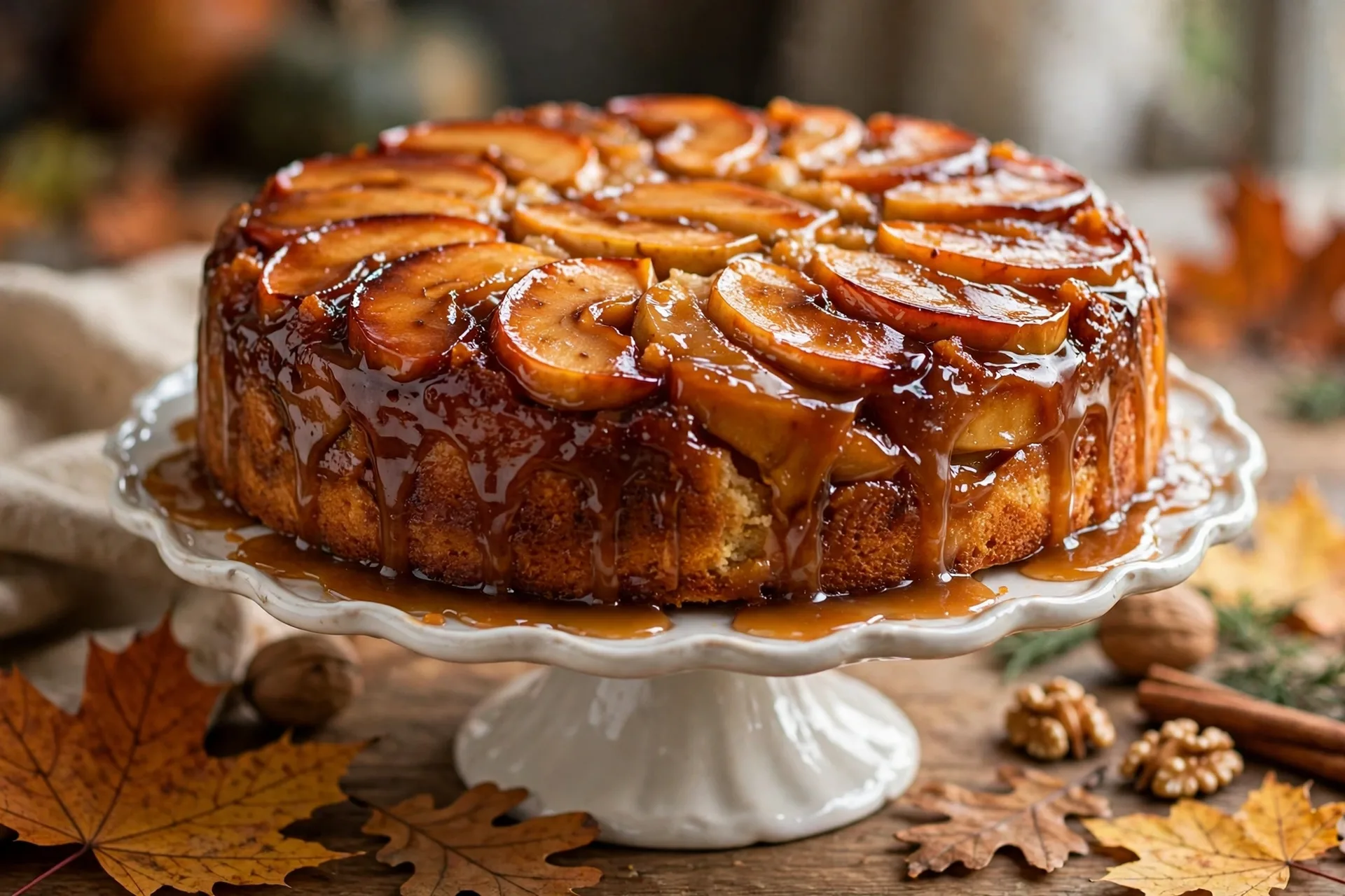 Maple apple upside down cake with caramelized apple slices and maple glaze