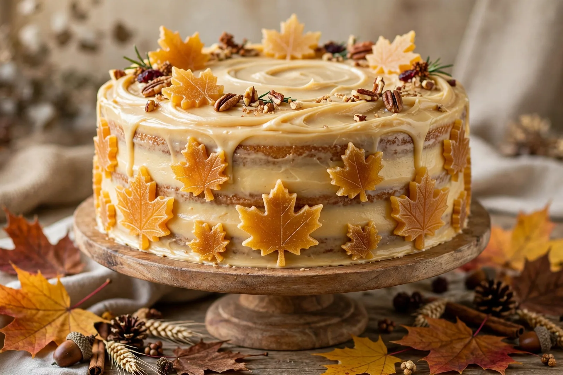 Maple buttercream harvest cake with silky maple frosting and maple leaf sugar candies